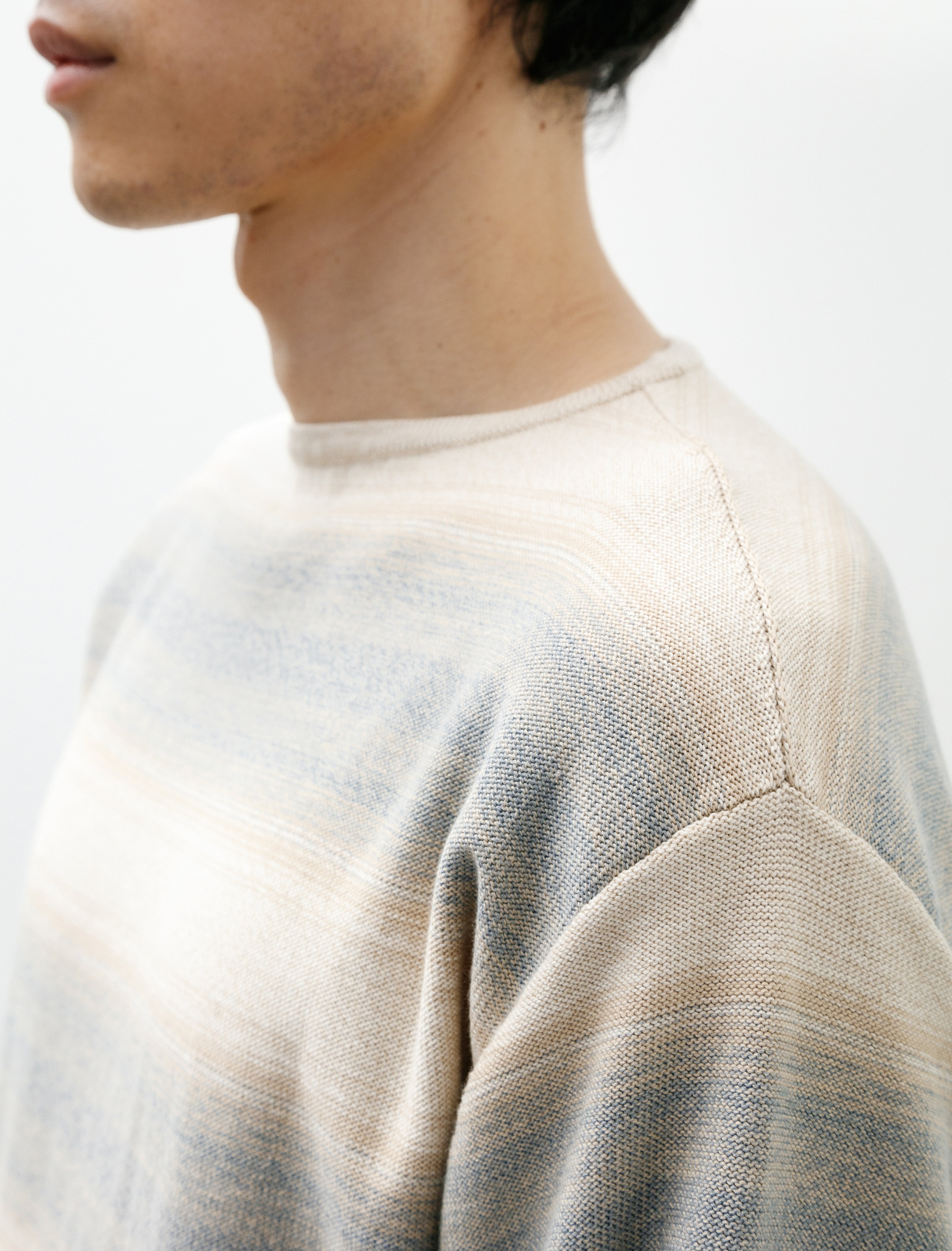 Auralee Cotton Silk Gradient Stripe Boat Neck Blue Beige Stripe