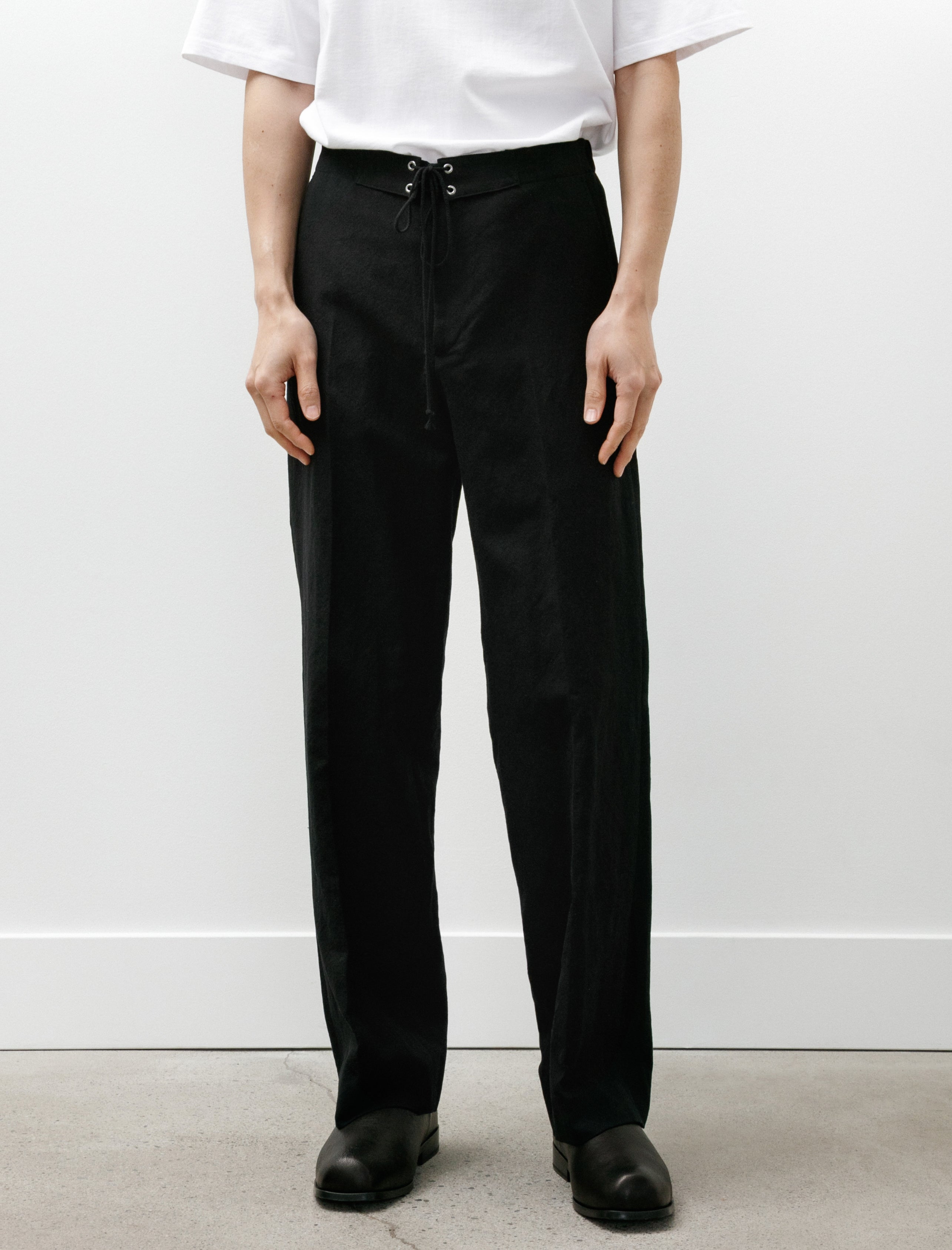 Auralee Wool Cotton Linen Ox Drawstring Pants Black