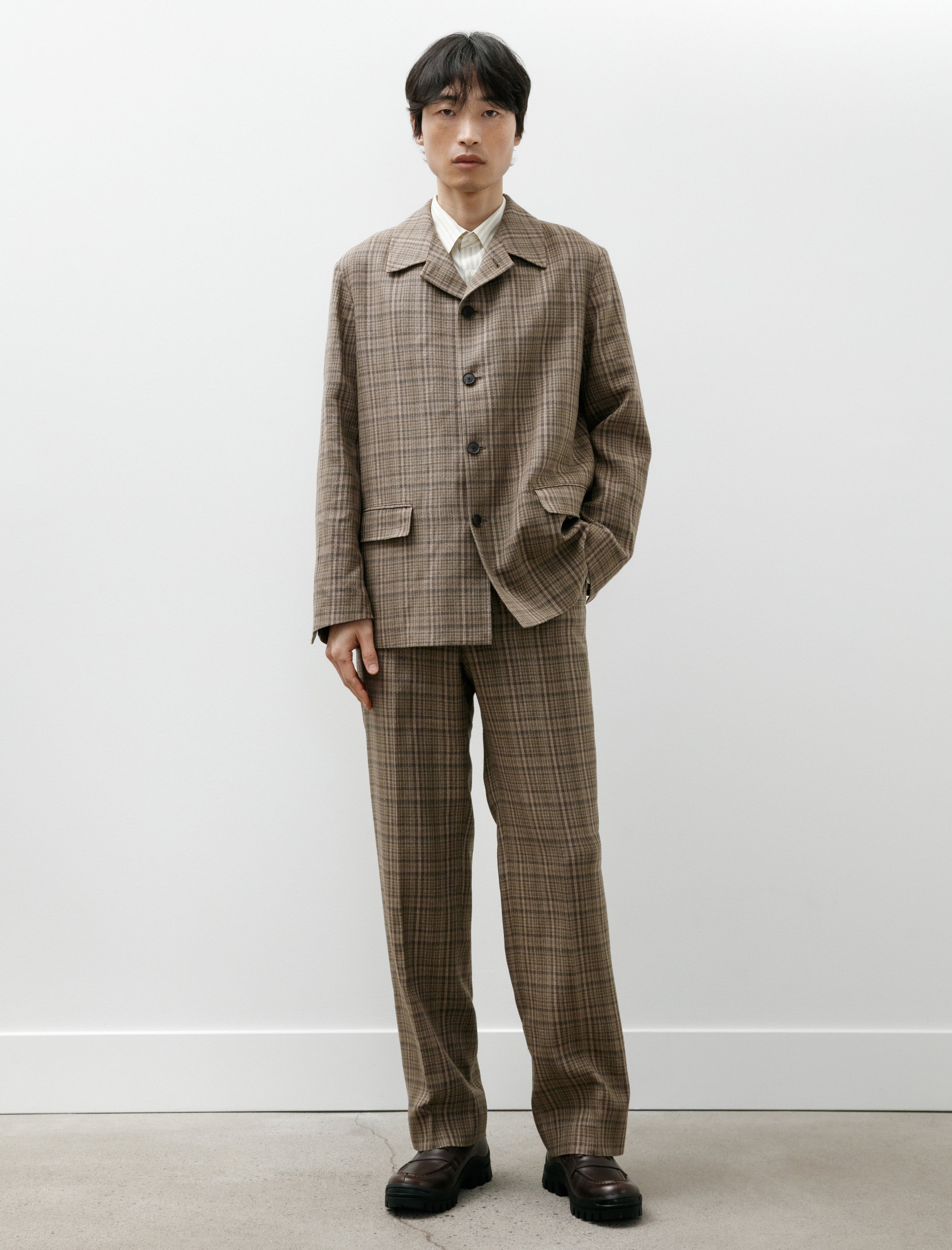 Auralee Silk Linen Nep Slacks Dark Brown Check