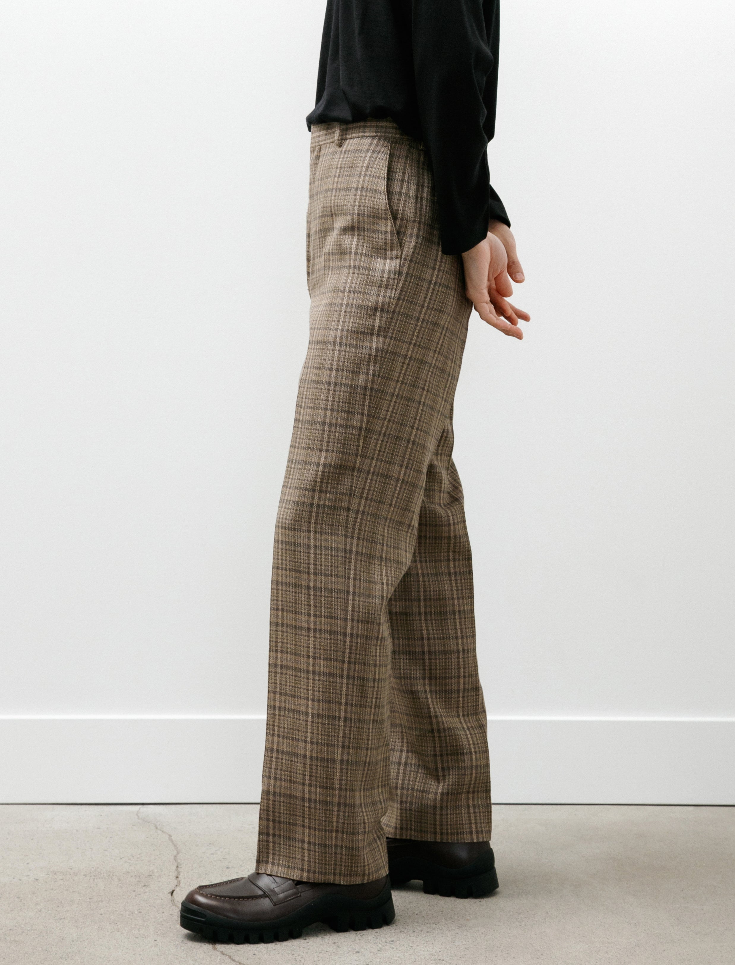 Auralee Silk Linen Nep Slacks Dark Brown Check