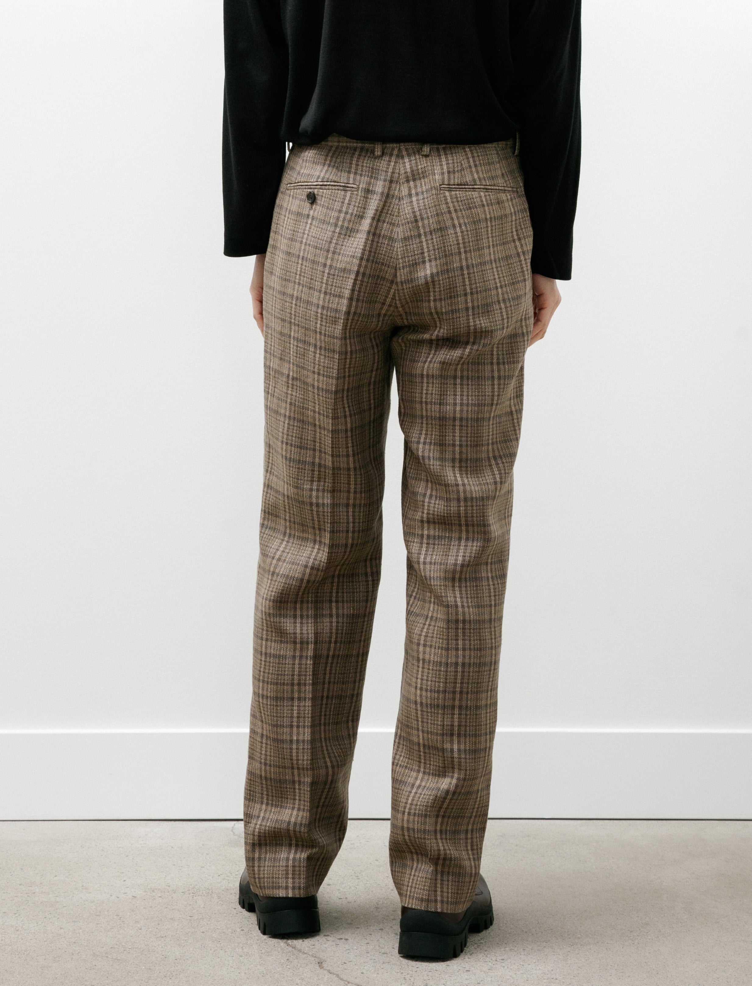 Auralee Silk Linen Nep Slacks Dark Brown Check