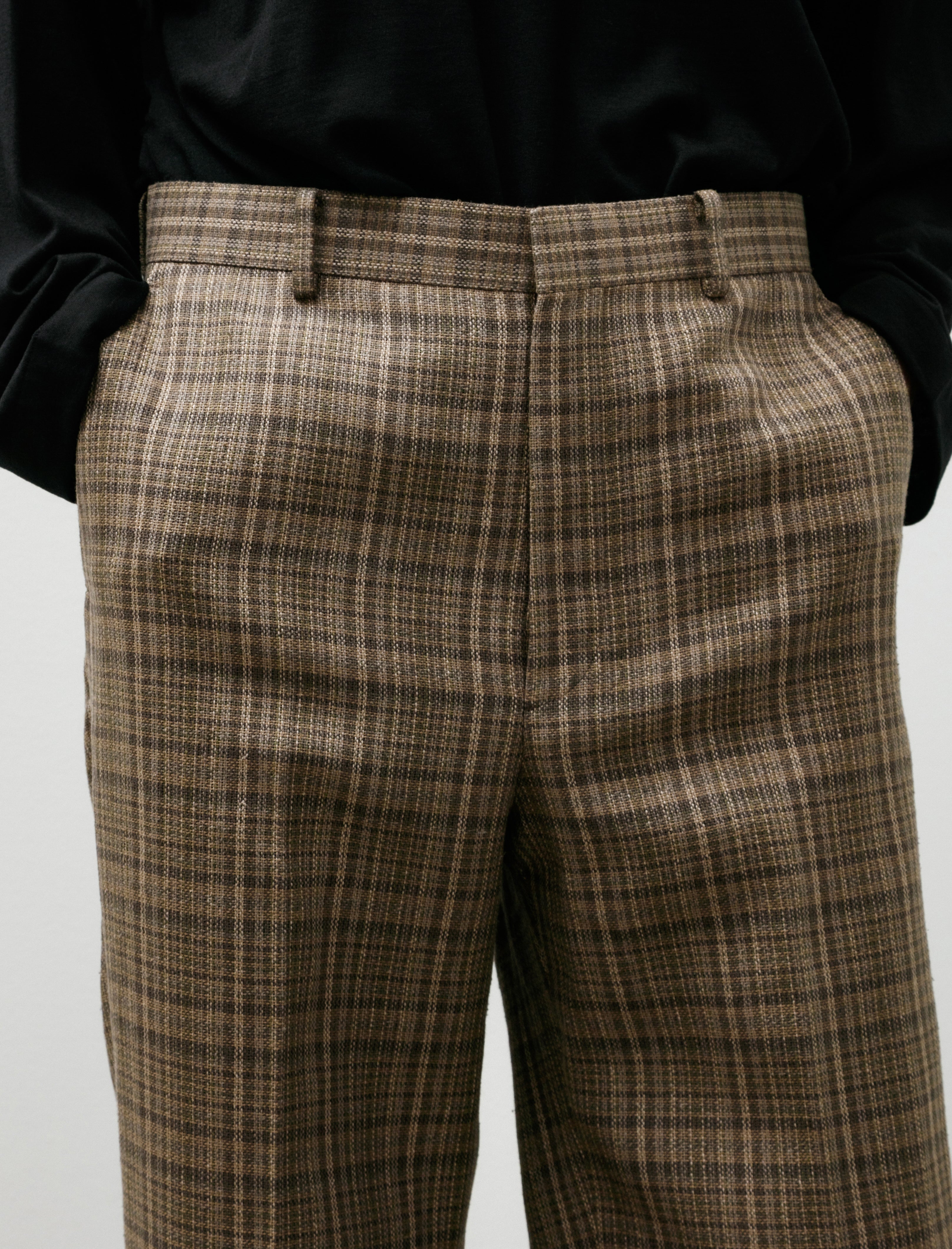 Auralee Silk Linen Nep Slacks Dark Brown Check