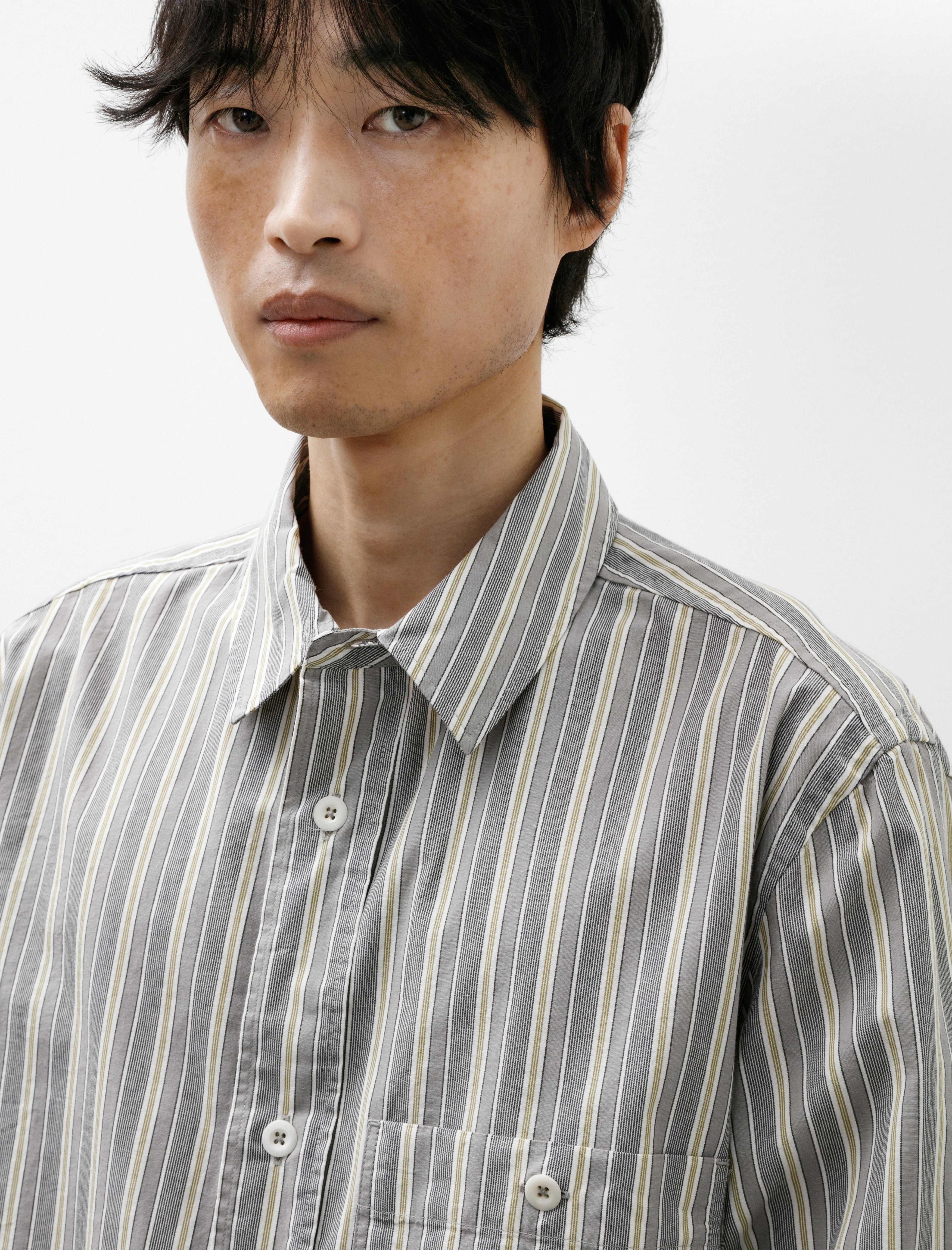 Margaret Howell MHL Overall Shirt Pyjama Stripe Cotton Off White/Grey/Zest