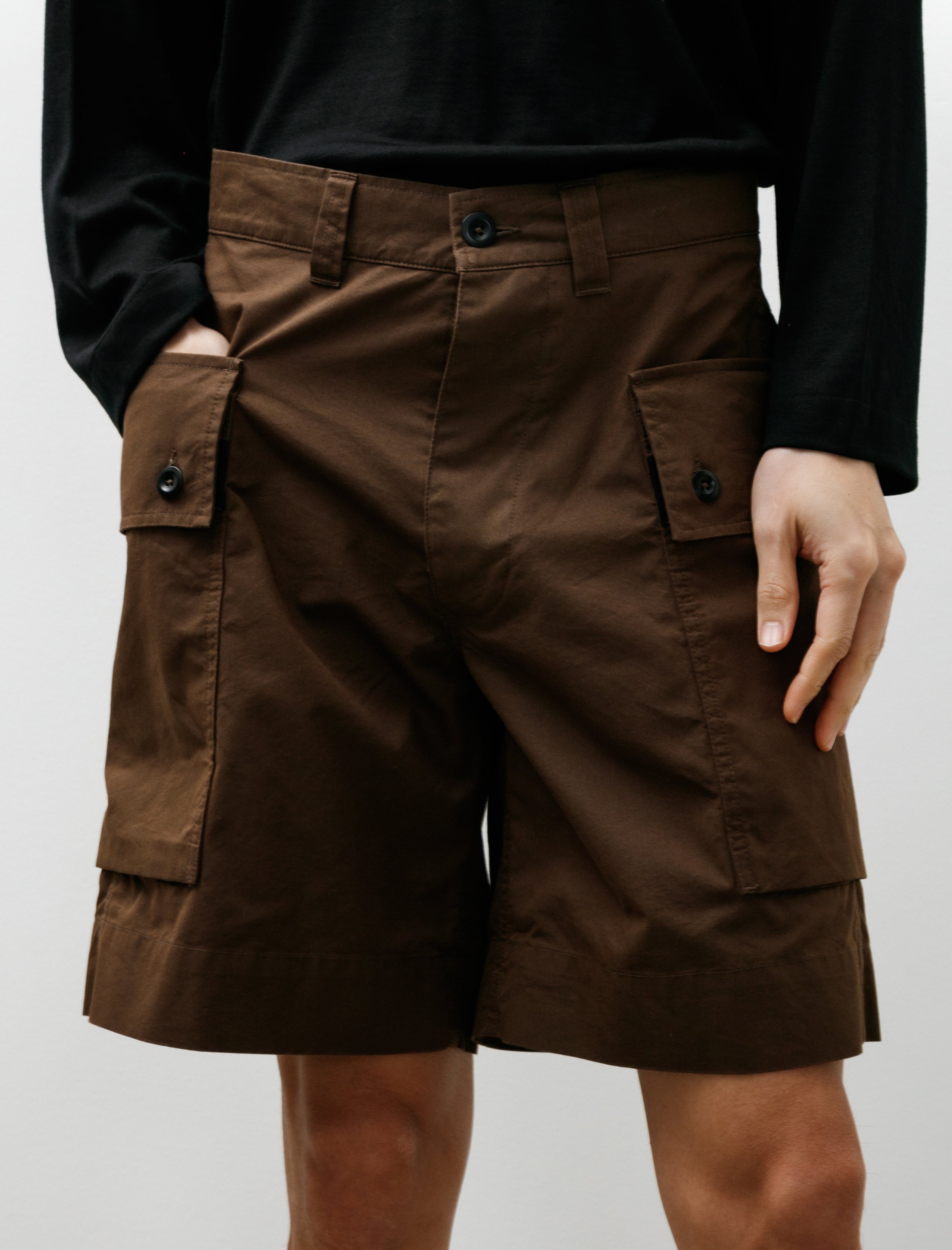 Margaret Howell MHL Cargo Pocket Shorts Cotton Nylon Poplin Earth