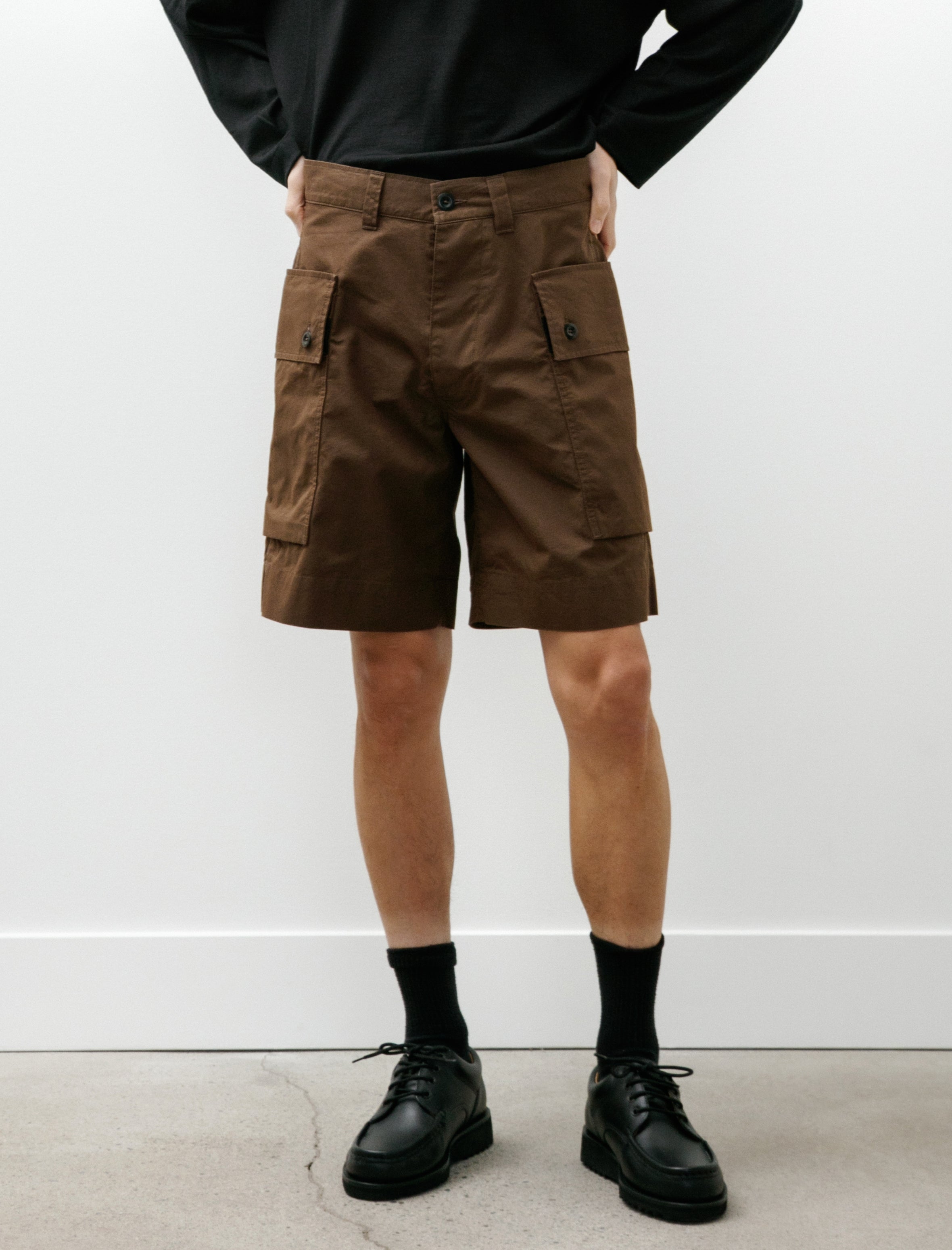Margaret Howell MHL Cargo Pocket Shorts Cotton Nylon Poplin Earth