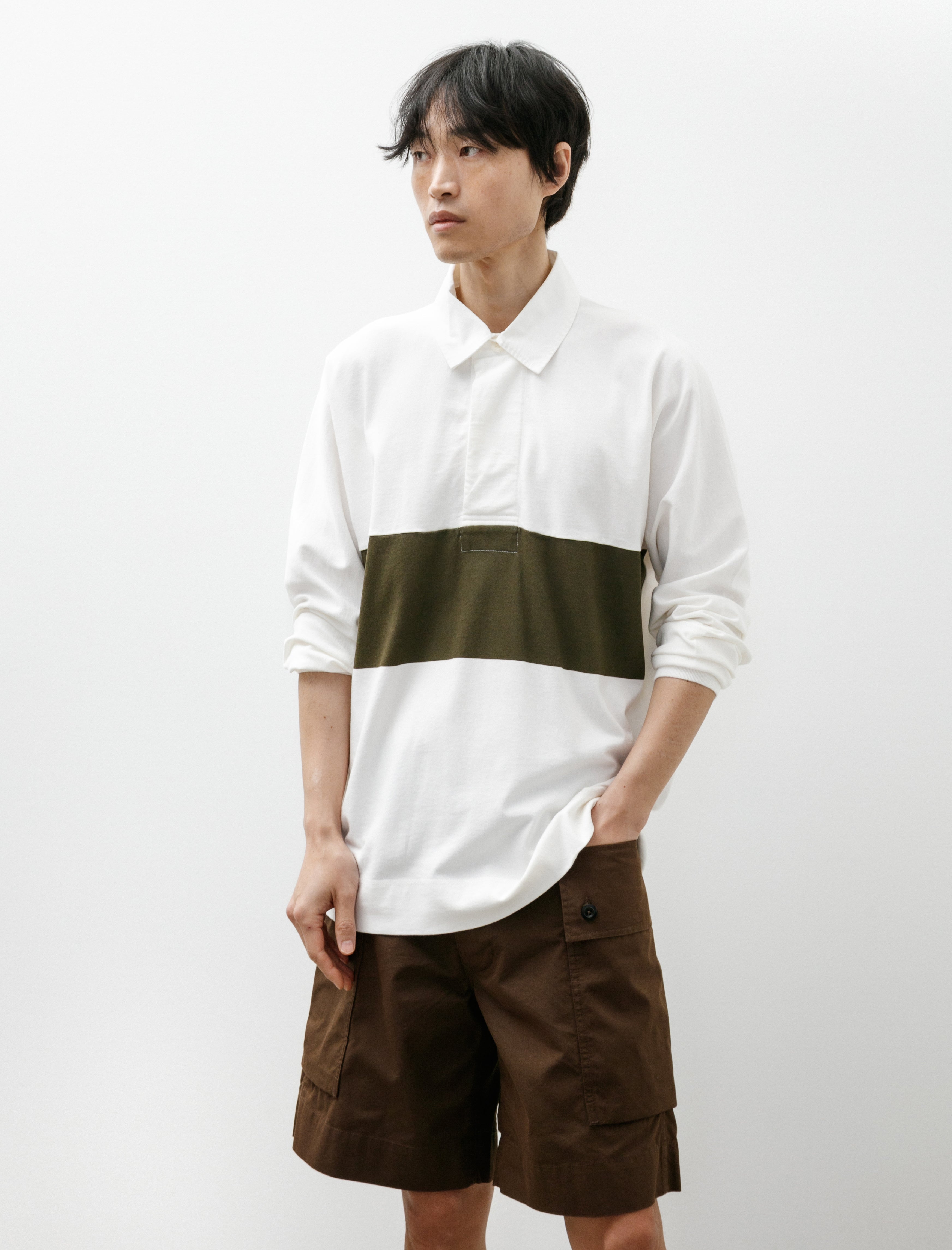 Margaret Howell MHL Rugby Shirt Matte Jersey Off White/Khaki Green