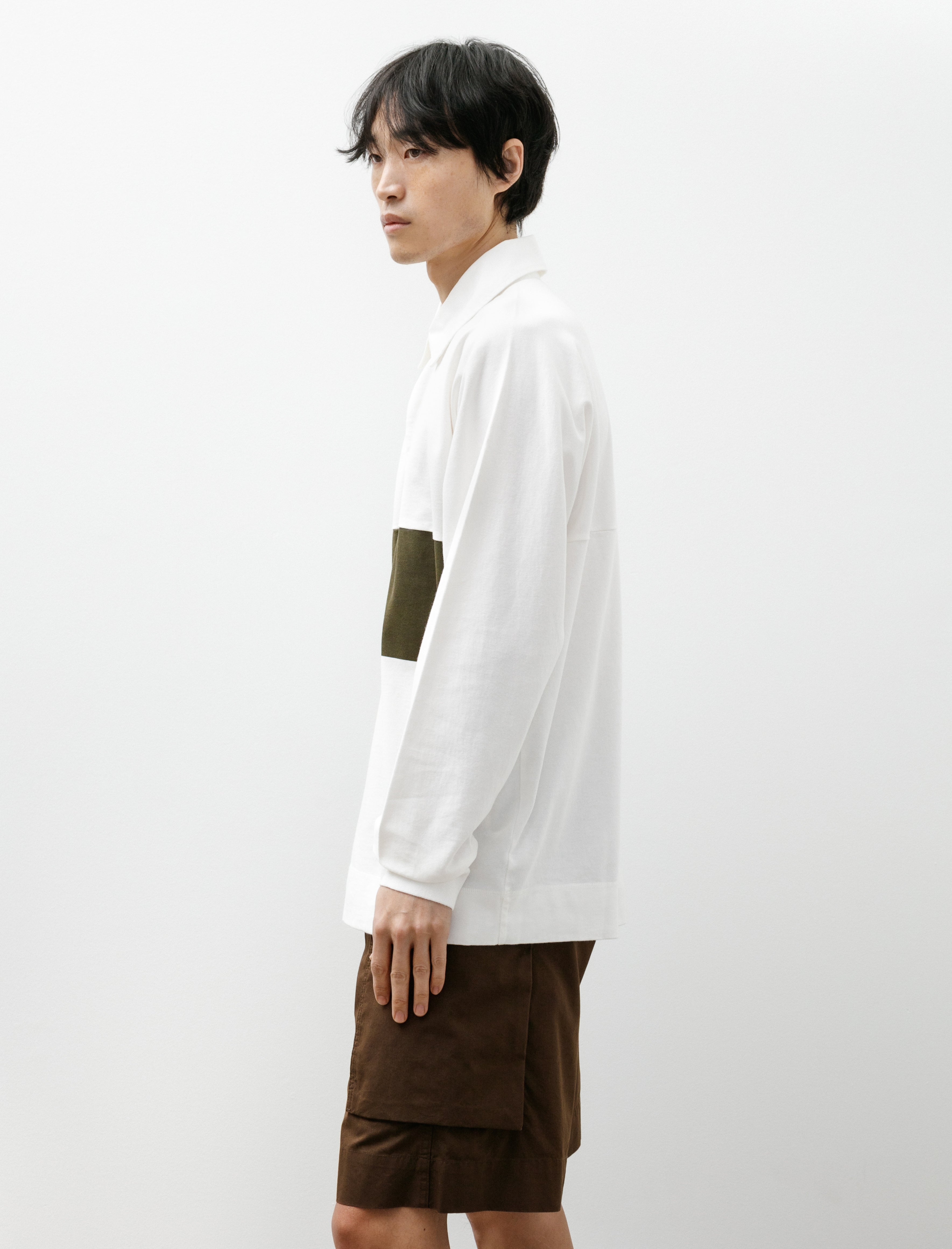 Margaret Howell MHL Rugby Shirt Matte Jersey Off White/Khaki Green