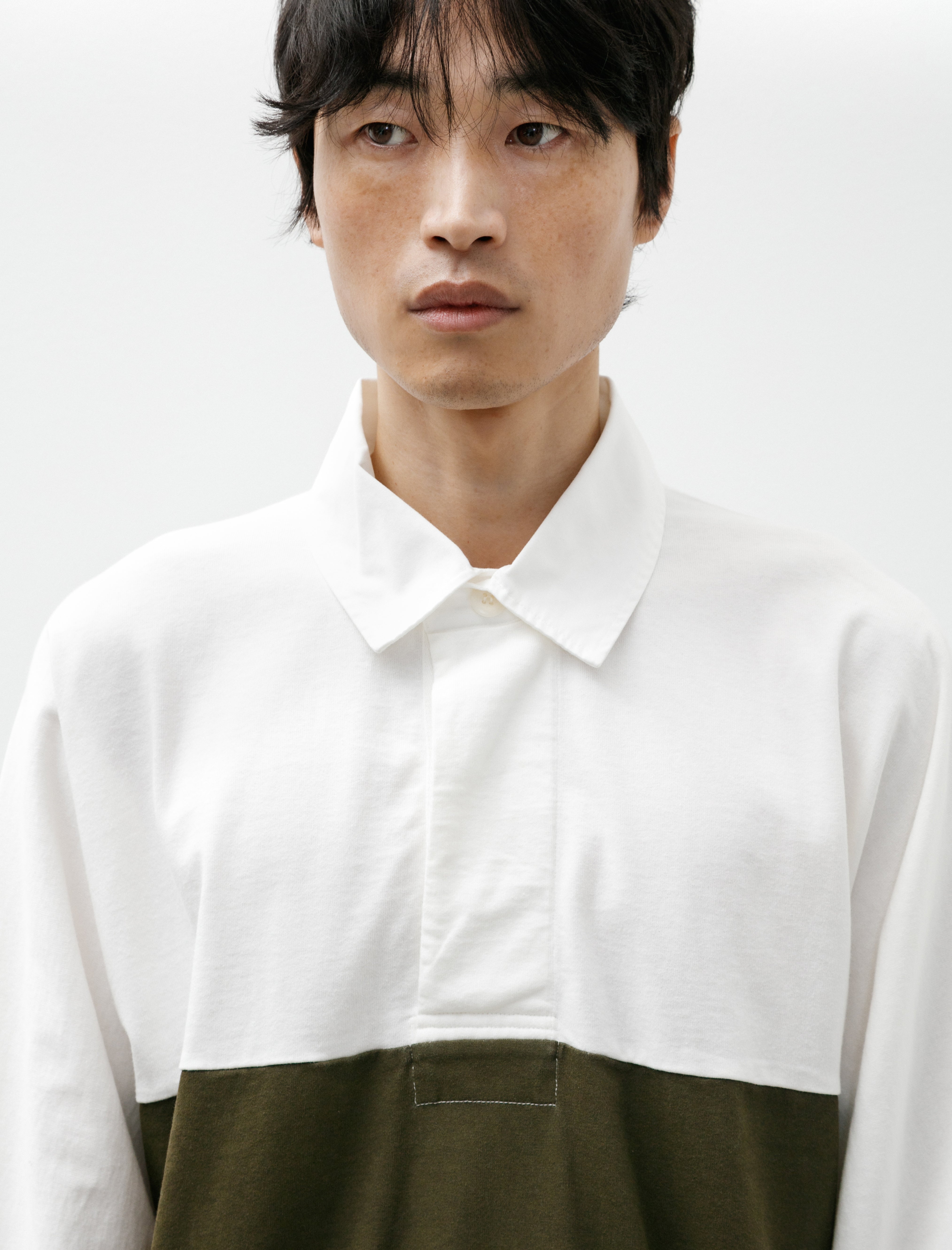 Margaret Howell MHL Rugby Shirt Matte Jersey Off White/Khaki Green