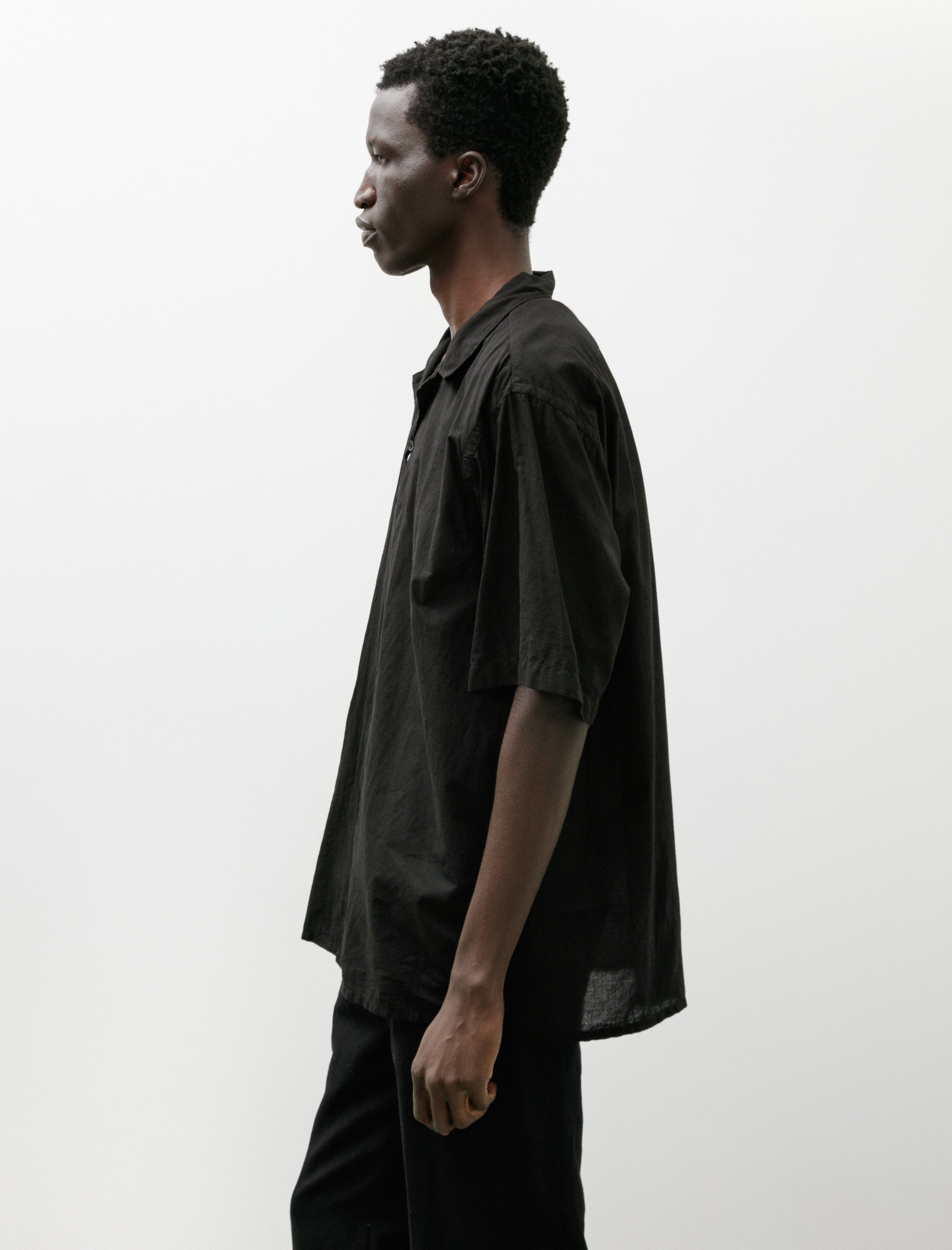 Comoli Khadi Cotton Short Sleeve Open Collar Shirt Black