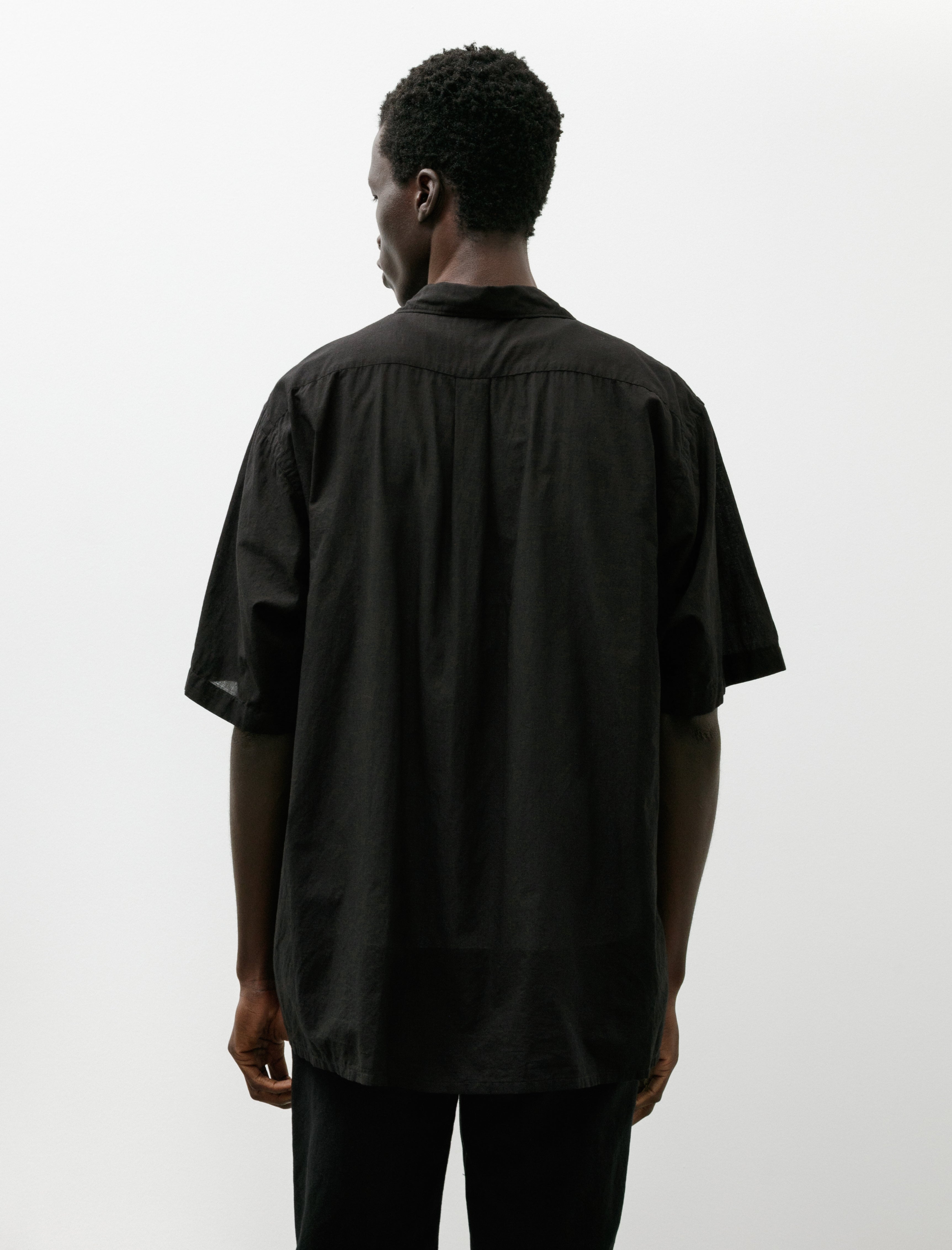 Comoli Khadi Cotton Short Sleeve Open Collar Shirt Black