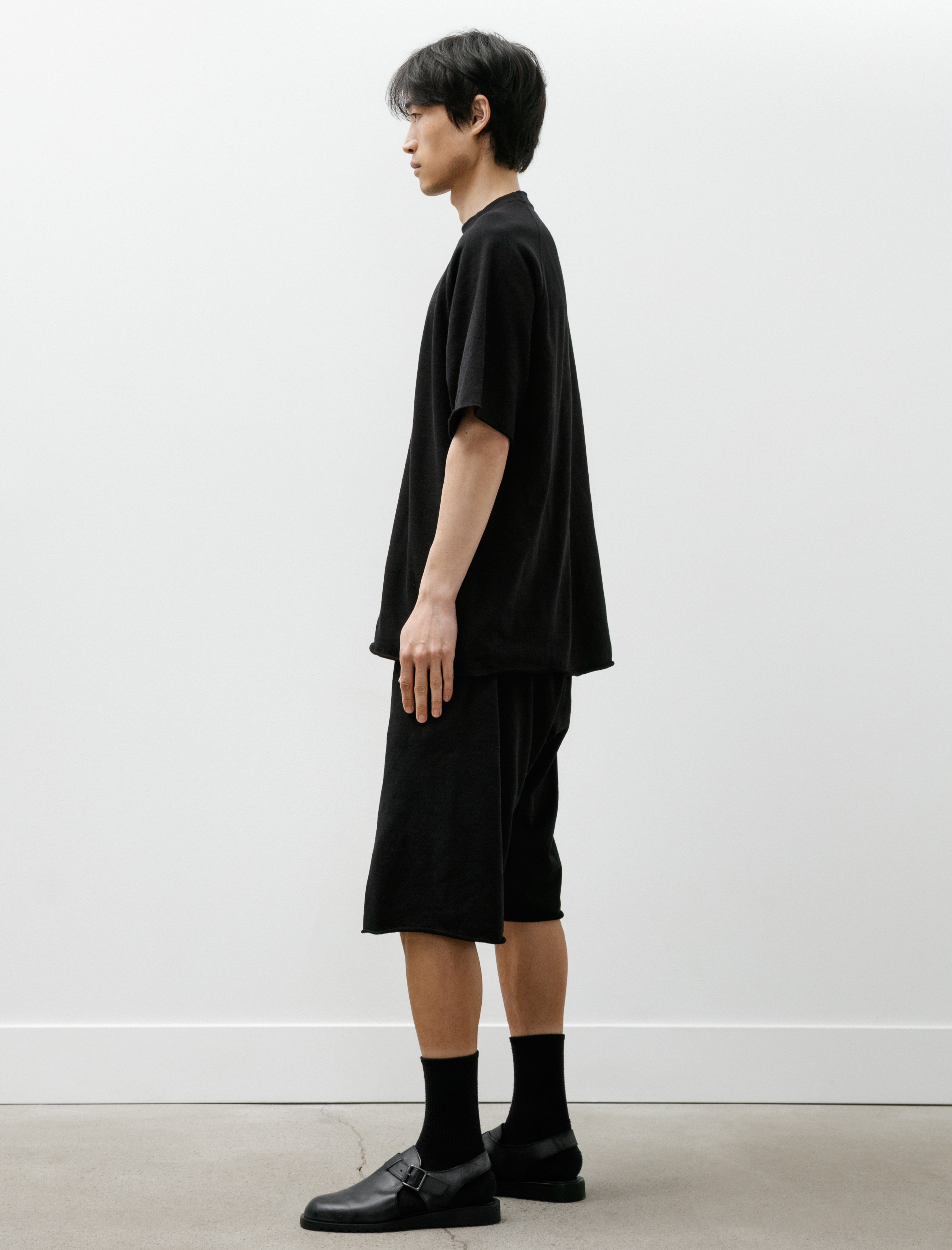 Comoli LW Cotton Fleece Short-Sleeve Crew Neck Top Black
