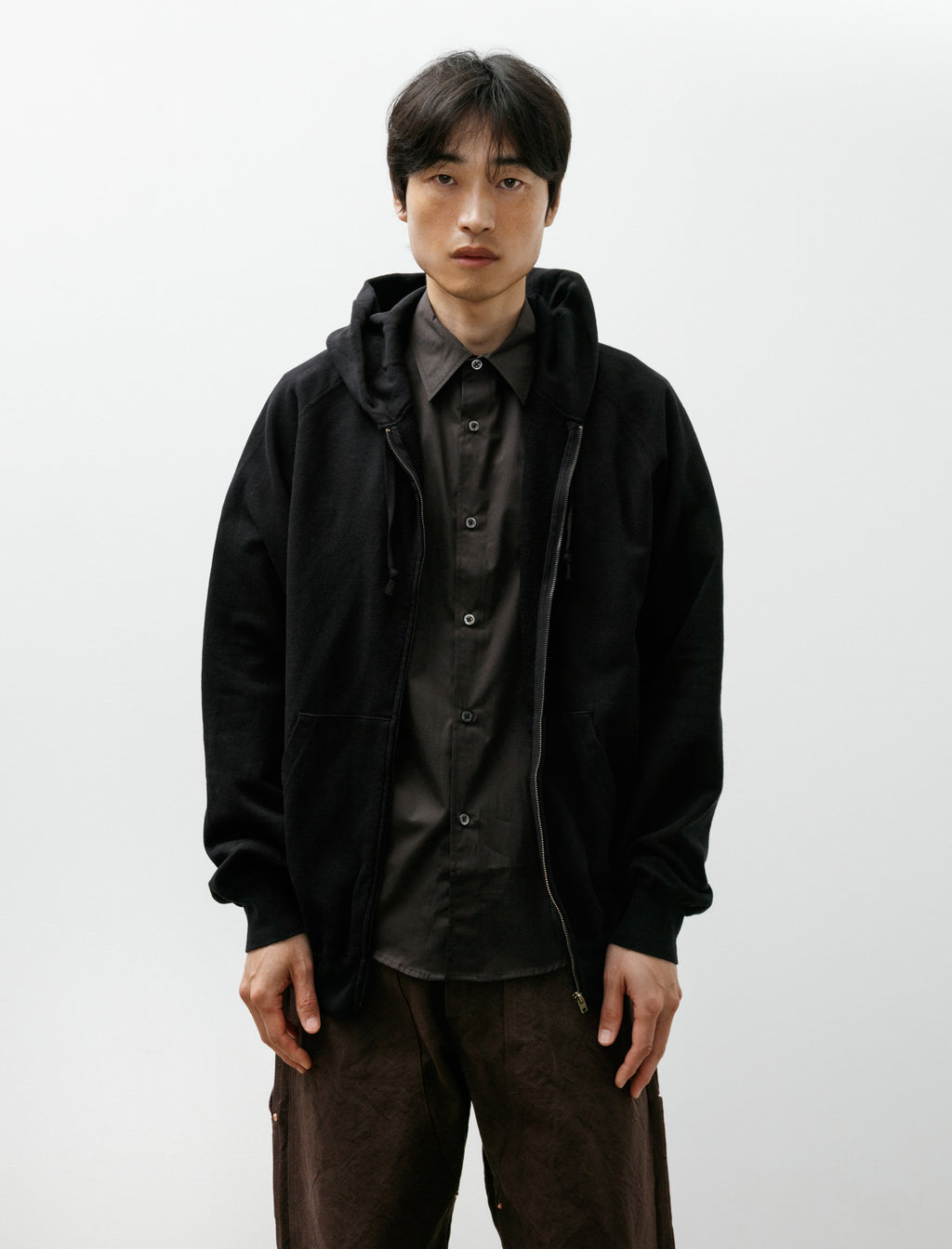 トップス comoli Comoli LW Cotton Fleece Zip Hoodie Black – Neighbour