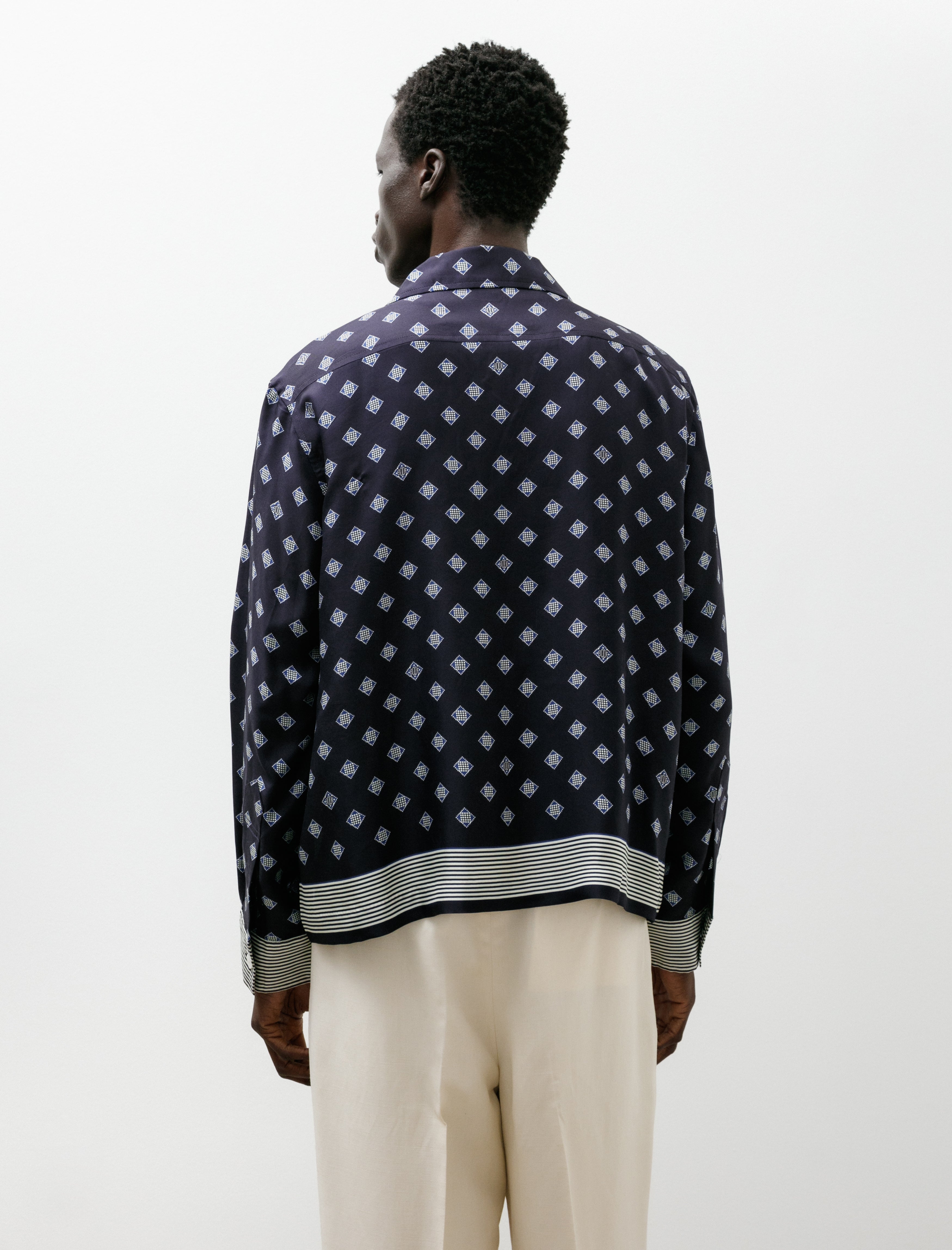 Bode Foyer Diamond Long Sleeve Shirt Navy Blue