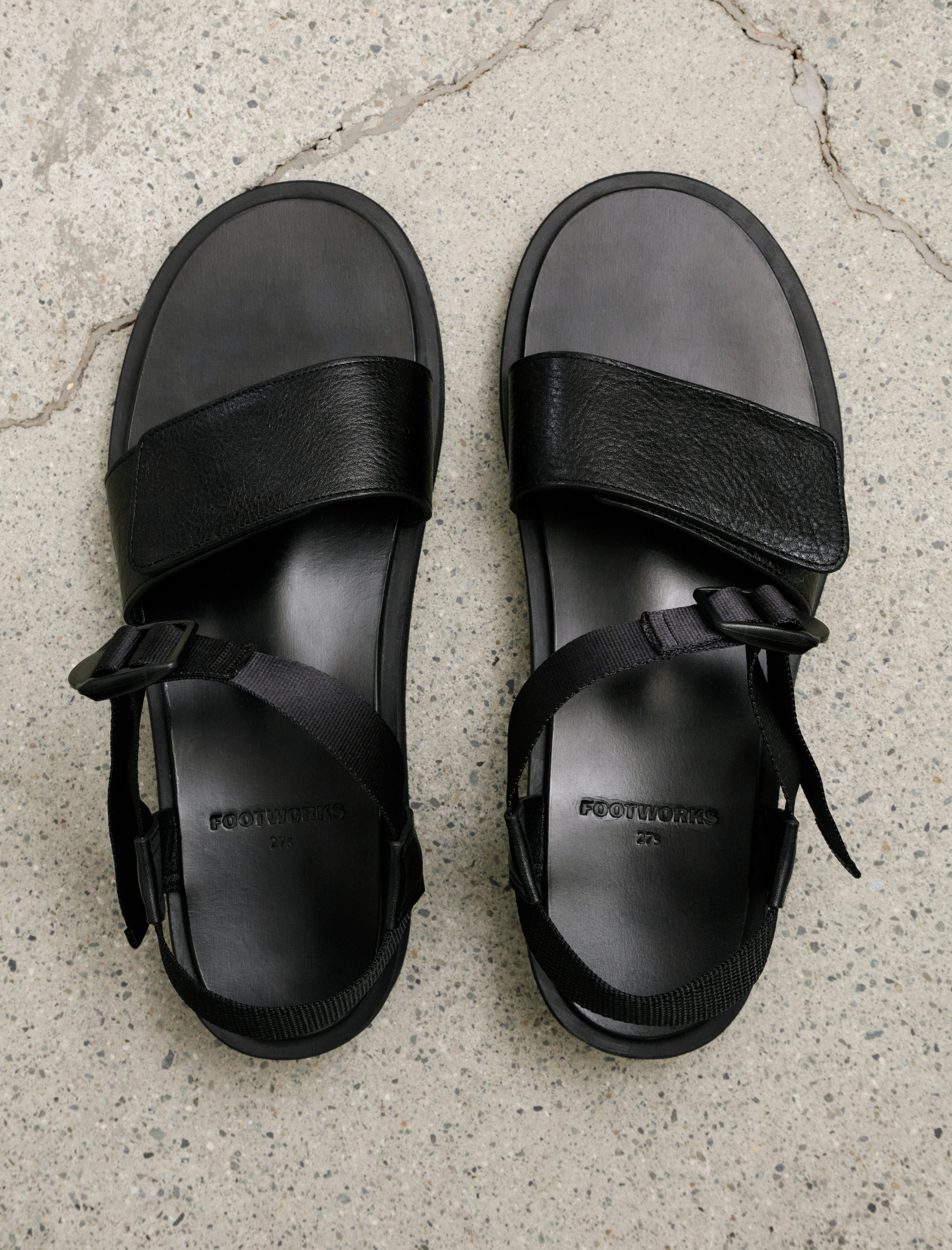 Footworks Sandals with Velcro Straps Wide Belt Grain Leather Black
