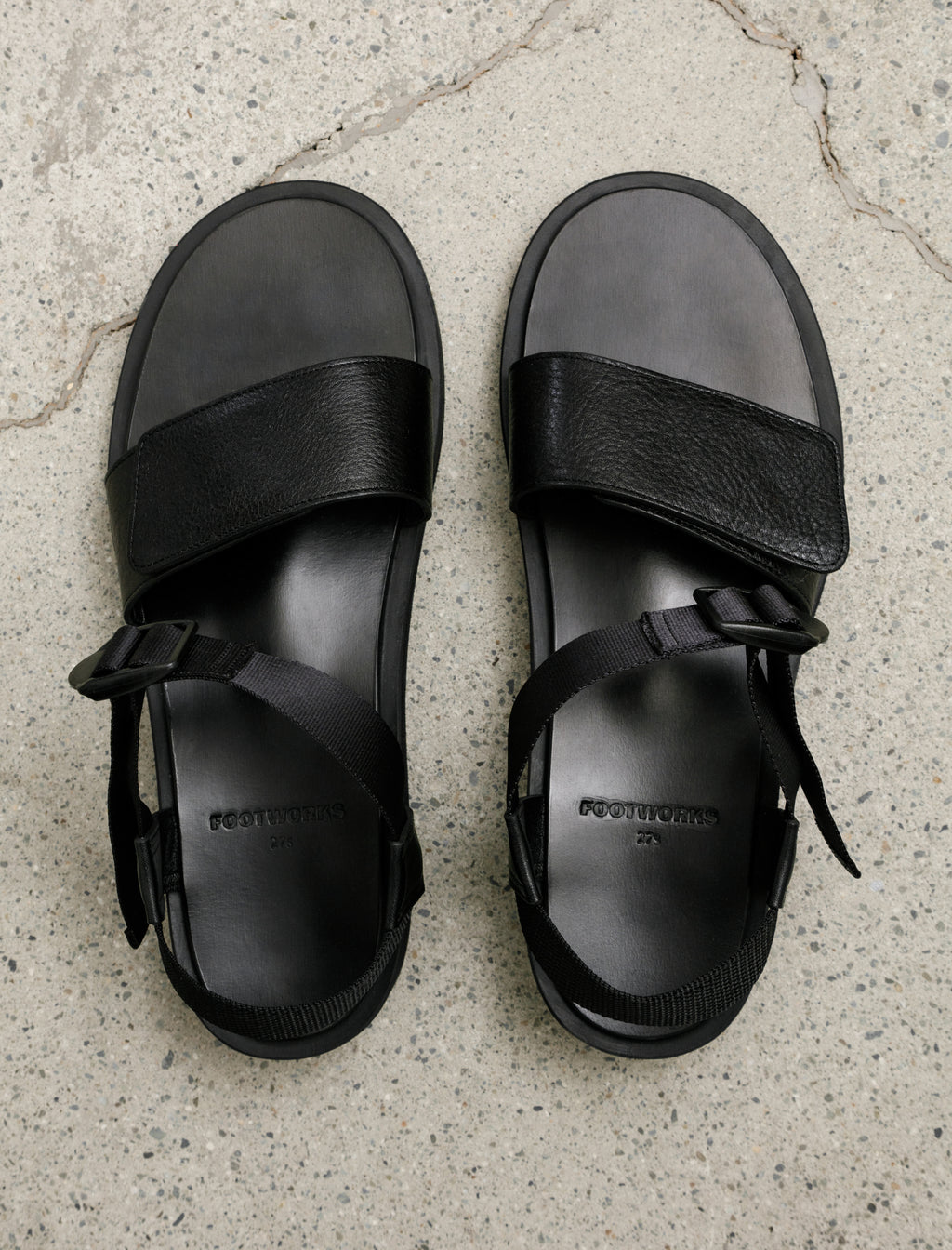 Footworks Sandals with Velcro Straps Wide Belt Grain Leather Black