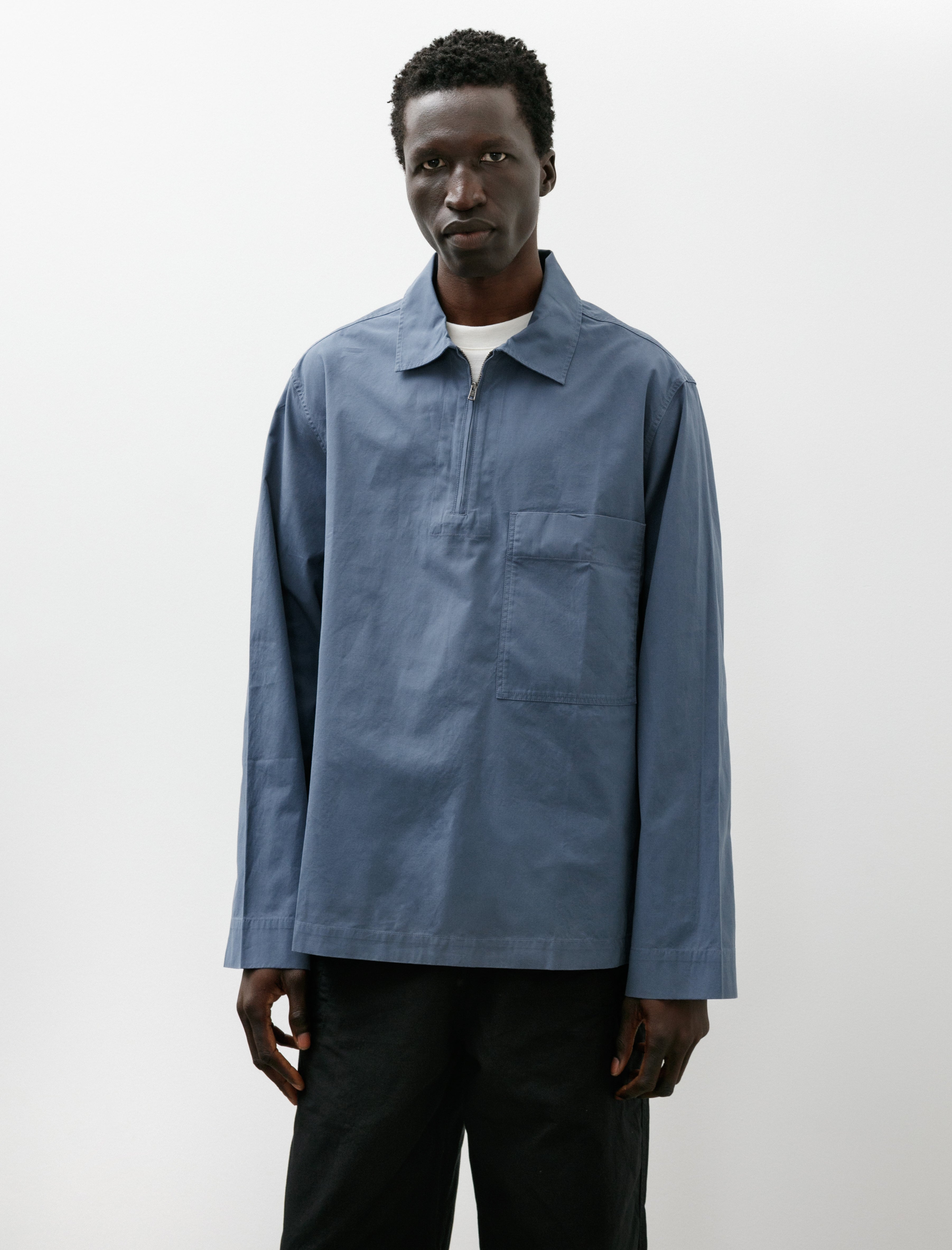 Margaret Howell MHL Long Sleeve Half Zip Shirt Sanded Poplin Uniform Blue