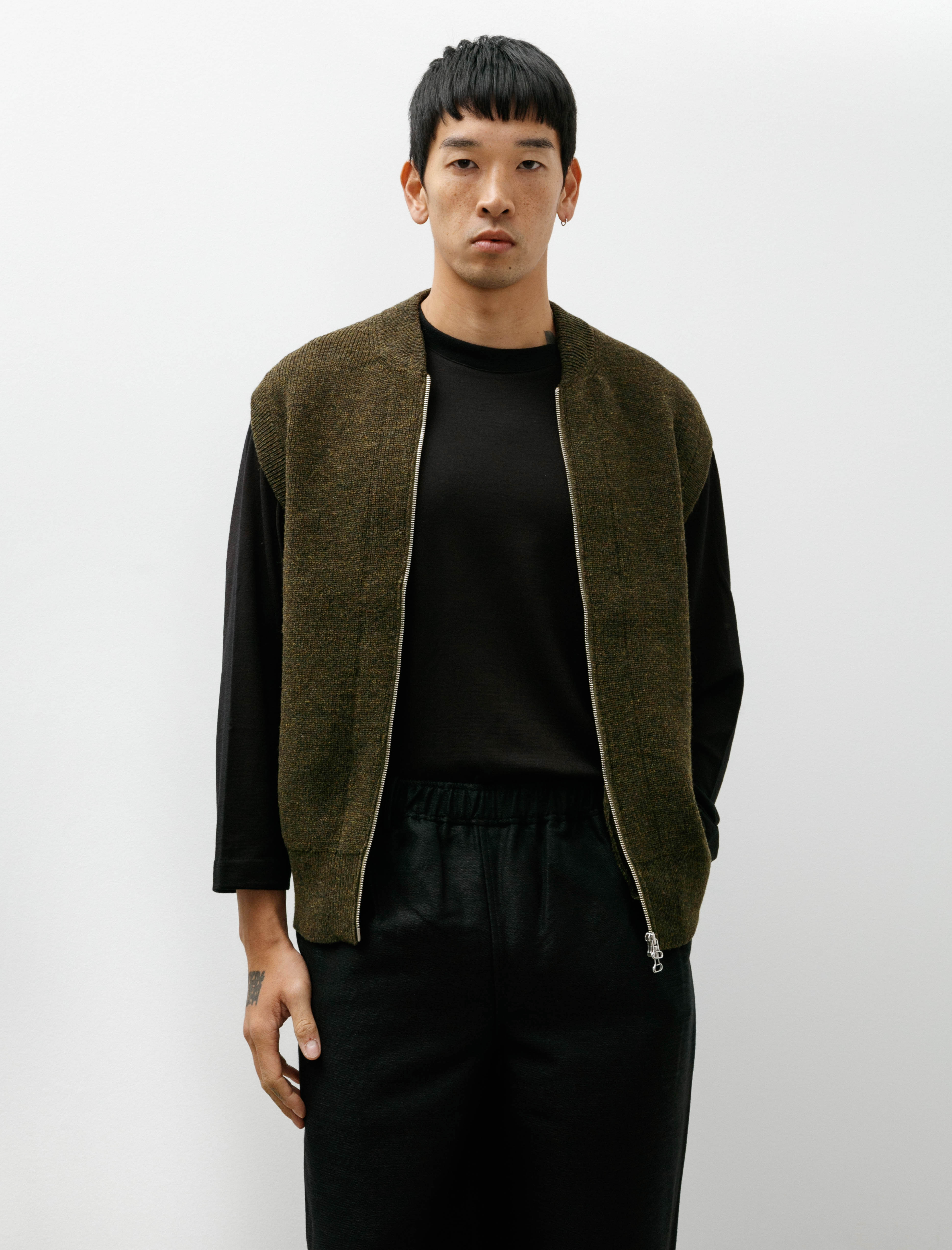 Slopeslow Zip Front Vest Hard Twisted Shetland Khaki Mix