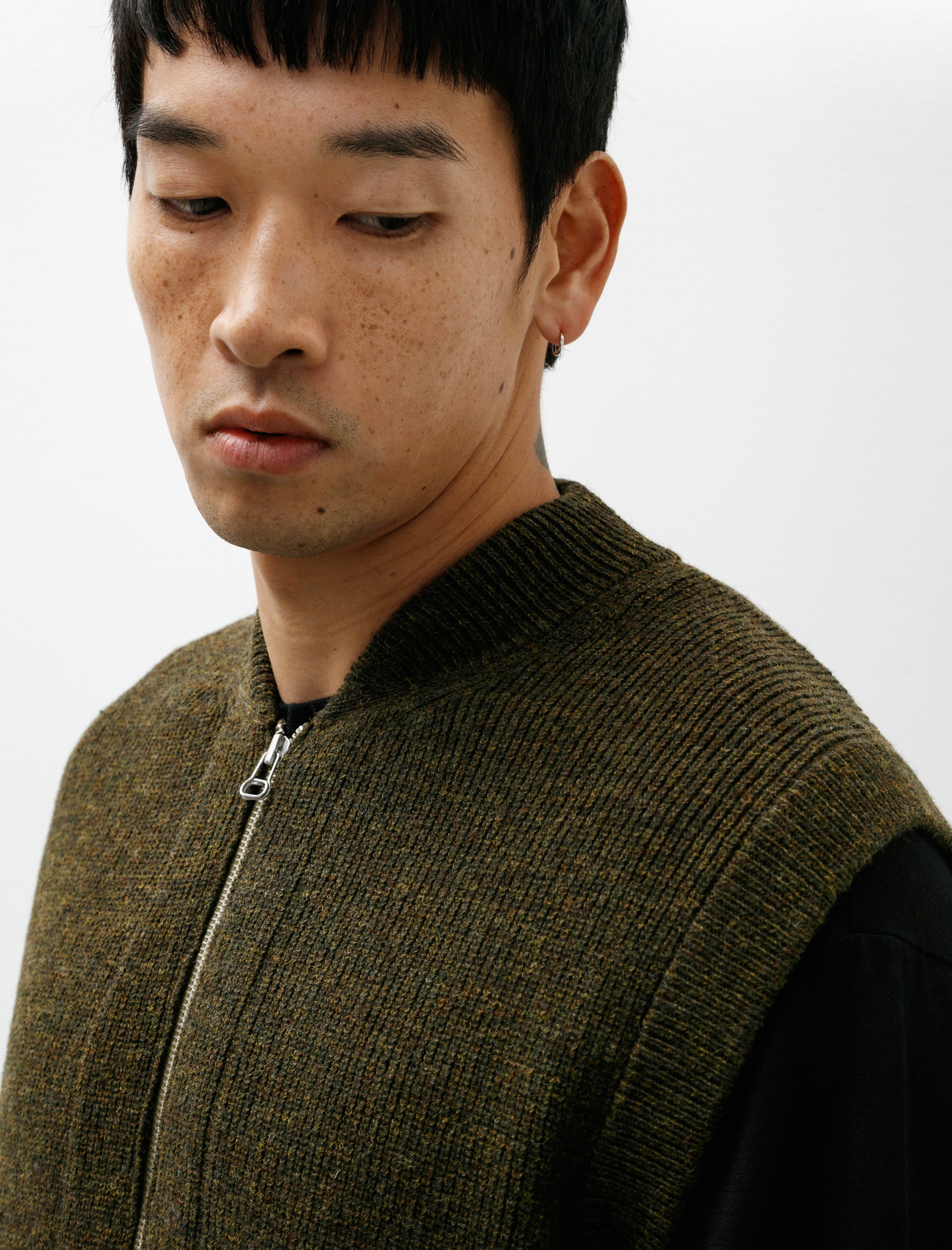 Slopeslow Zip Front Vest Hard Twisted Shetland Khaki Mix