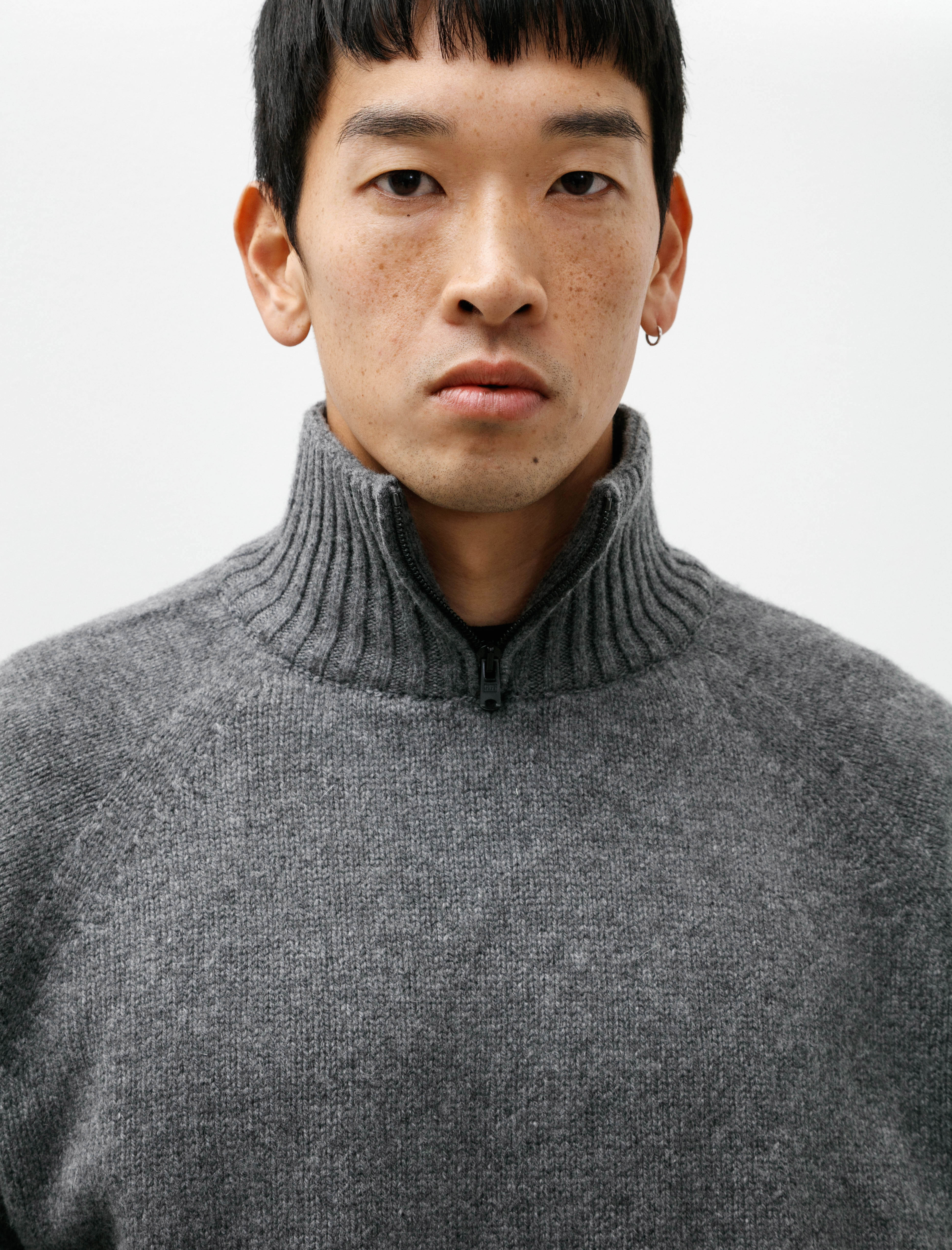 Margaret Howell Zip Mock Neck Soft Spun Wool Cashmere Grey Melange