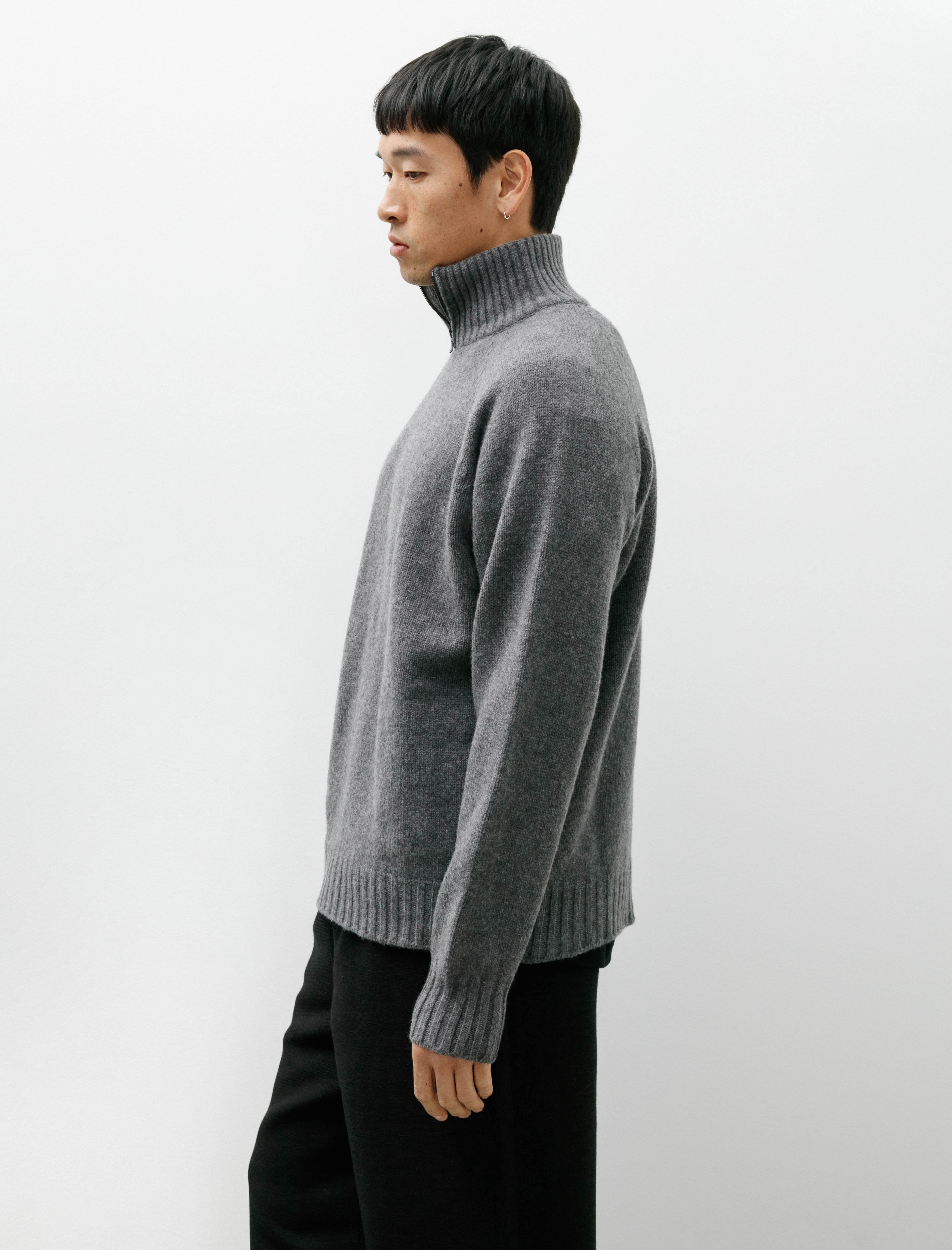 Margaret Howell Zip Mock Neck Soft Spun Wool Cashmere Grey Melange