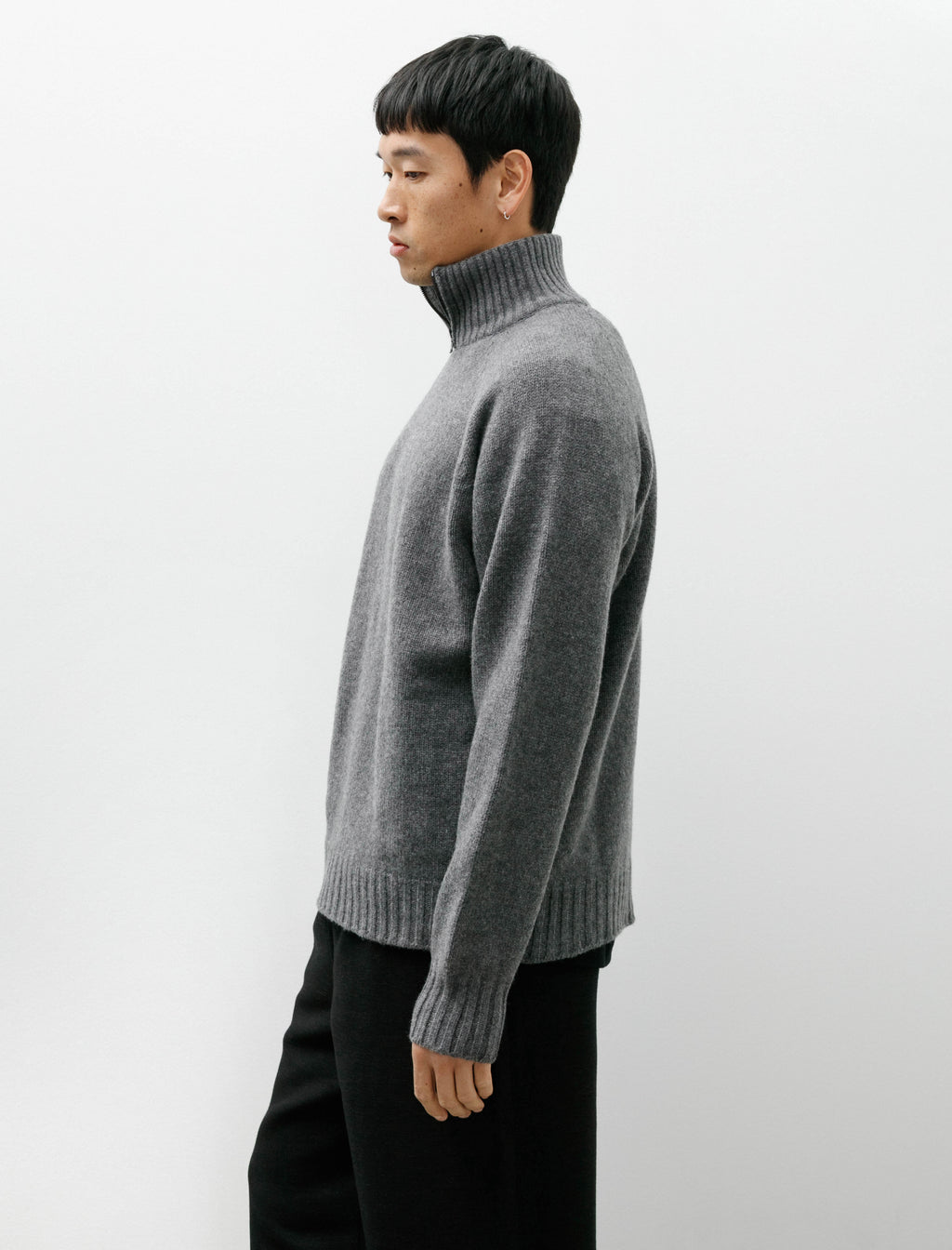 Margaret Howell Zip Mock Neck Soft Spun Wool Cashmere Grey Melange