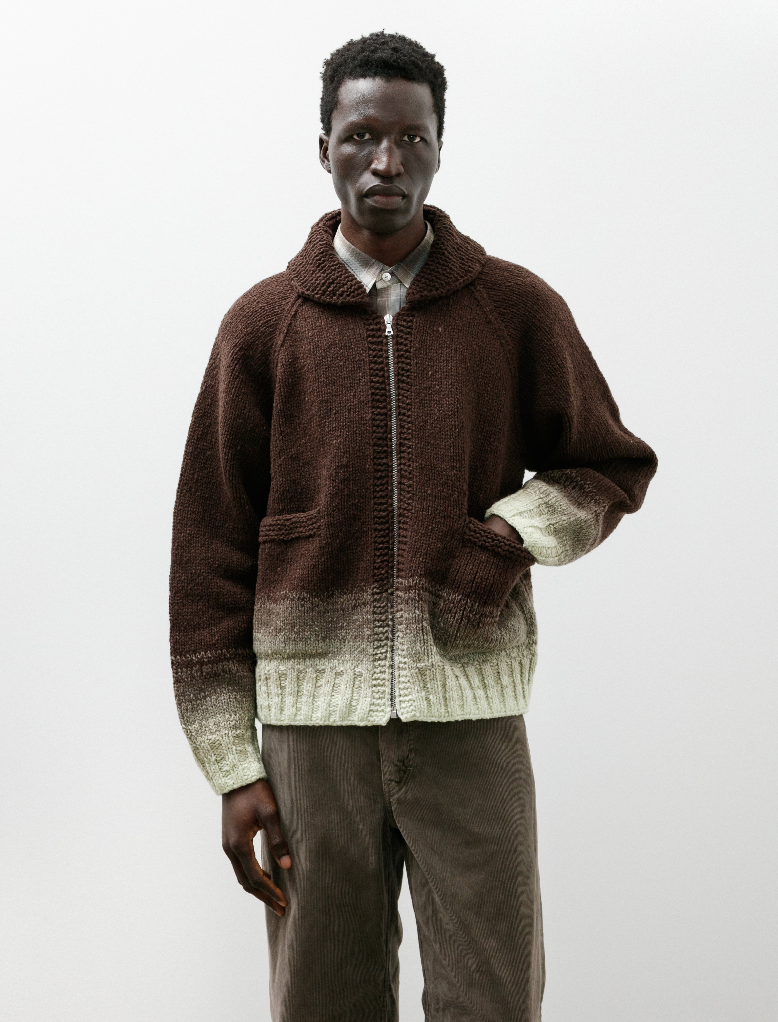 Auralee Wool Low-Gauge Knit Zip Cardigan Brown Gradation
