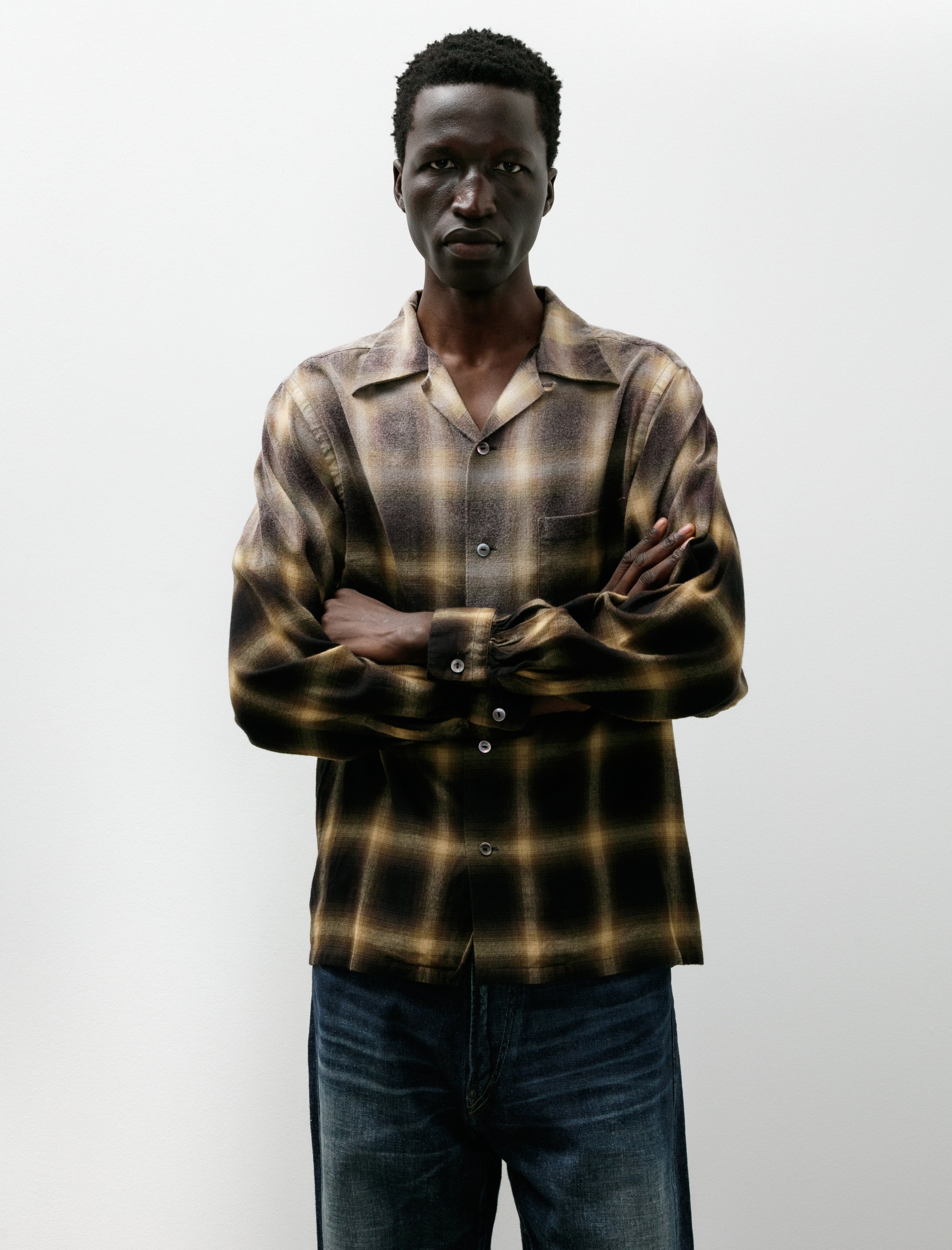 Taiga Takahashi Lot 101 Open Collar Shirt Bleached Beige Plaid