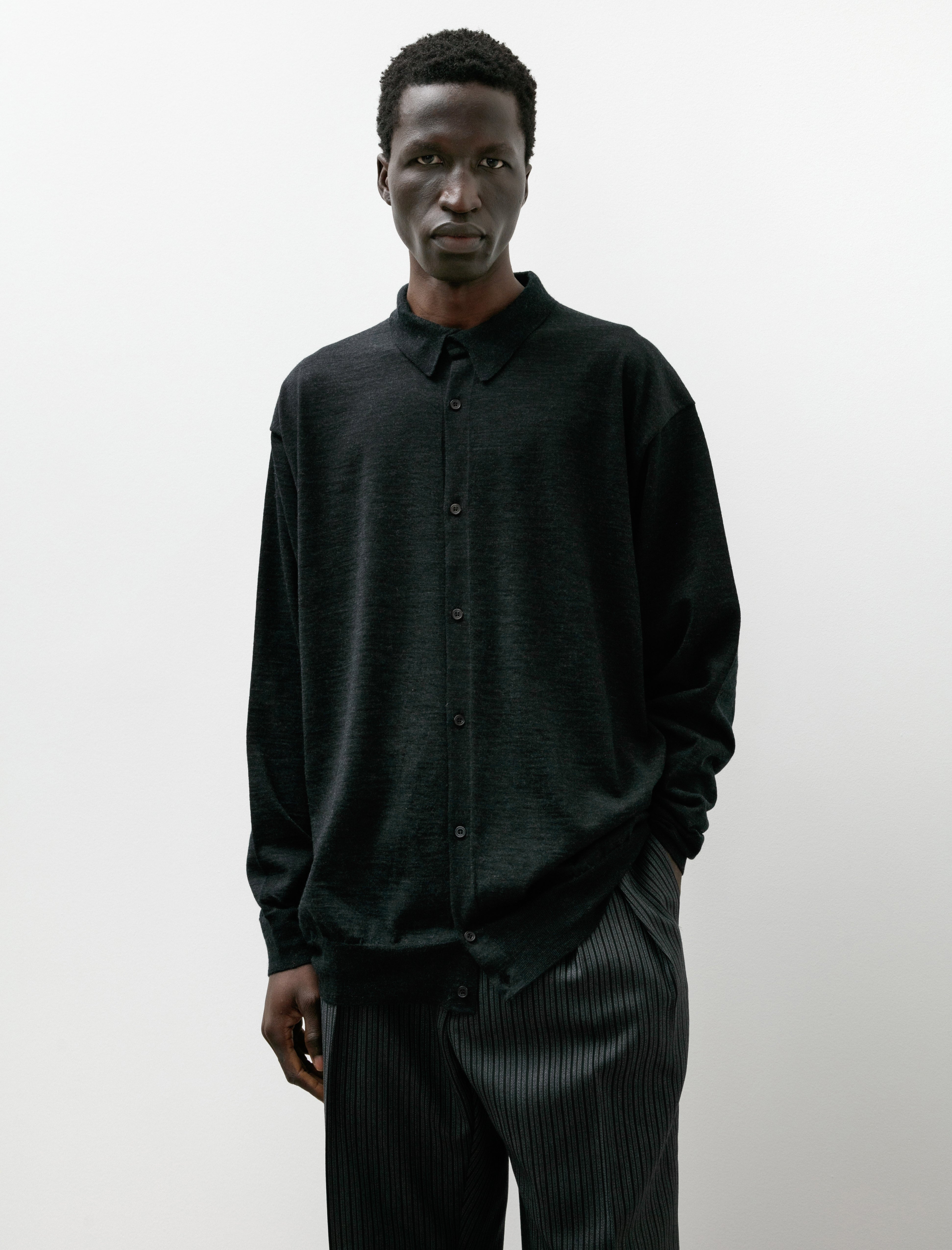 Comoli Wool Collared Cardigan Charcoal