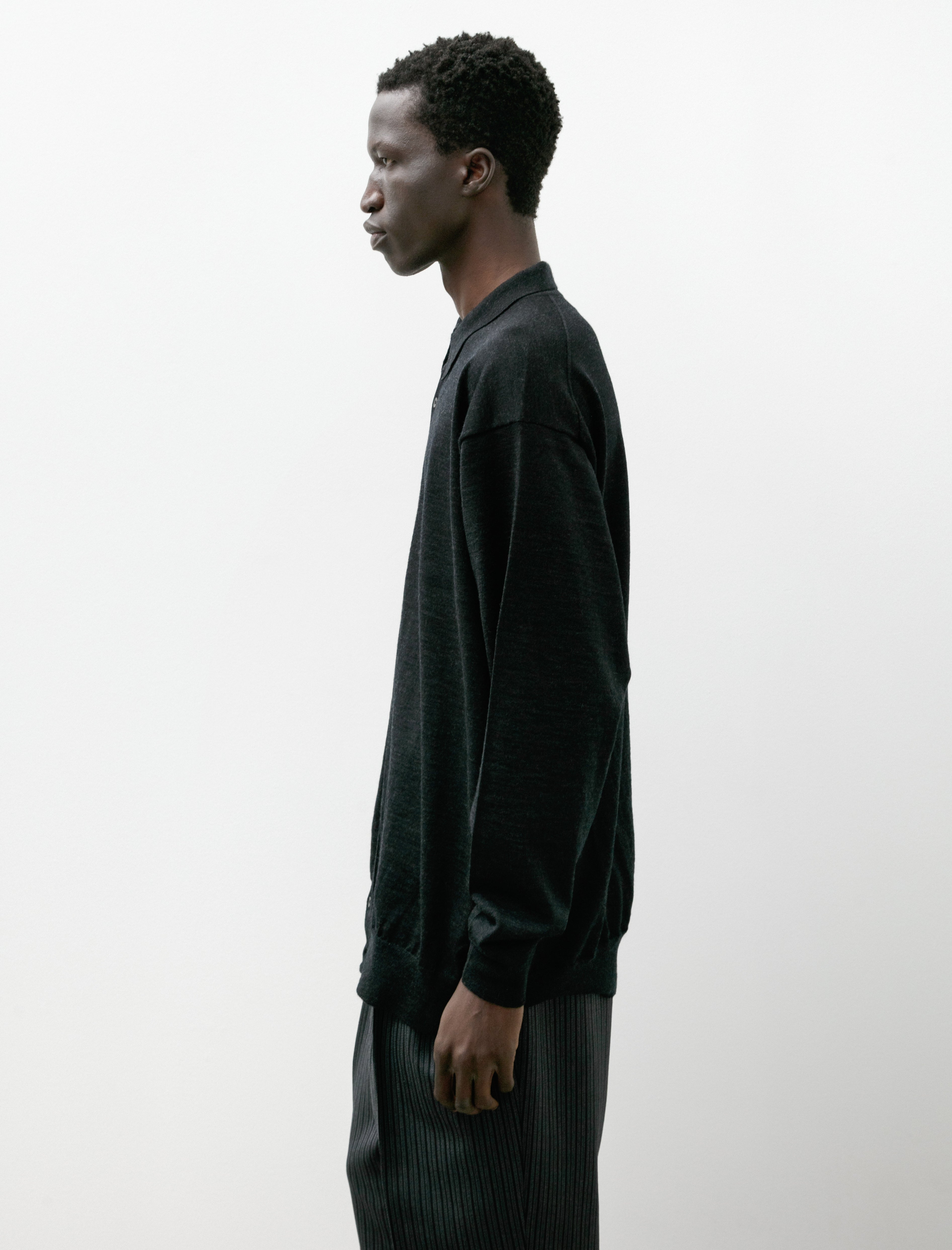 Comoli Wool Collared Cardigan Charcoal