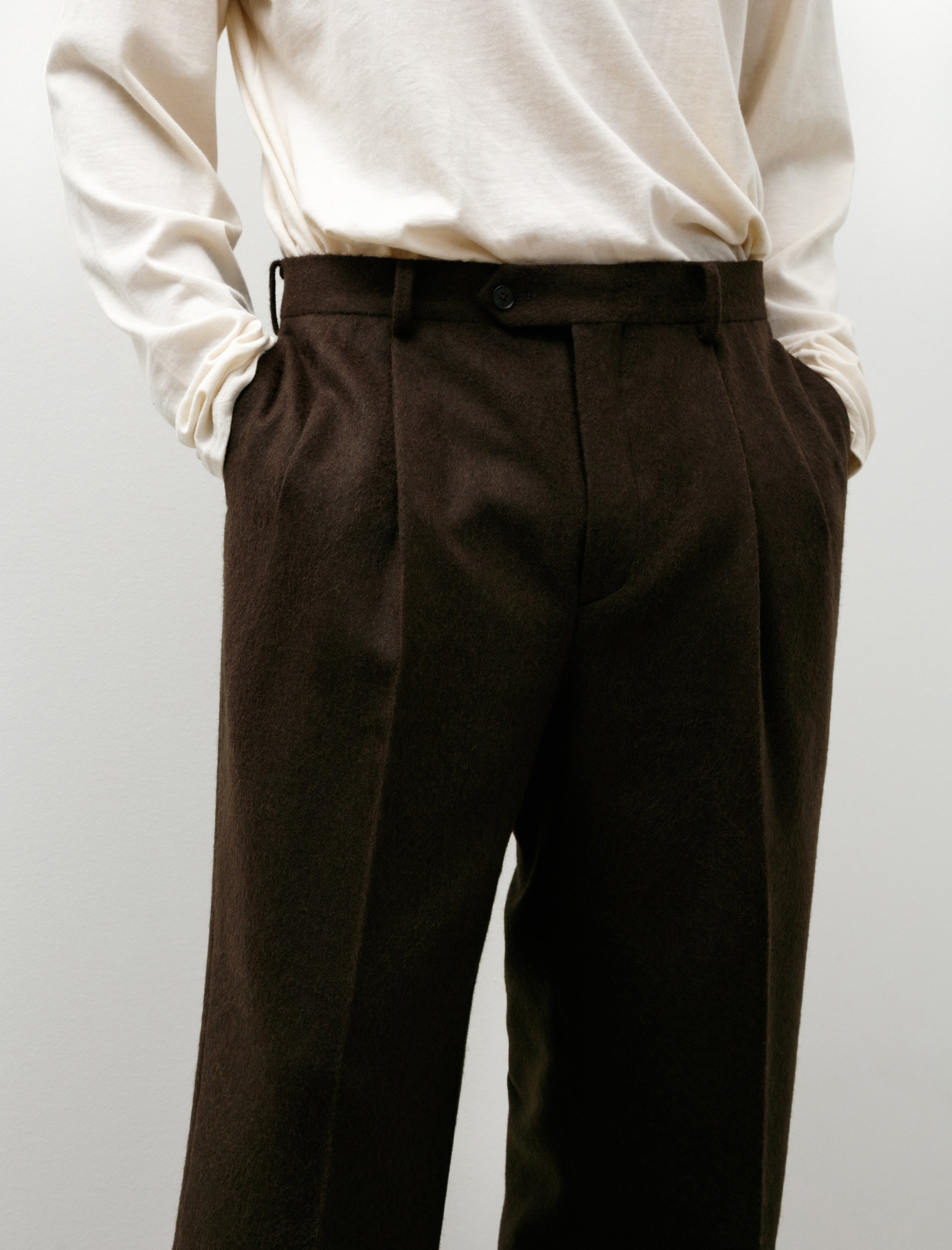 Auralee Baby Camel Flannel Two-Tuck Slacks Dark Brown