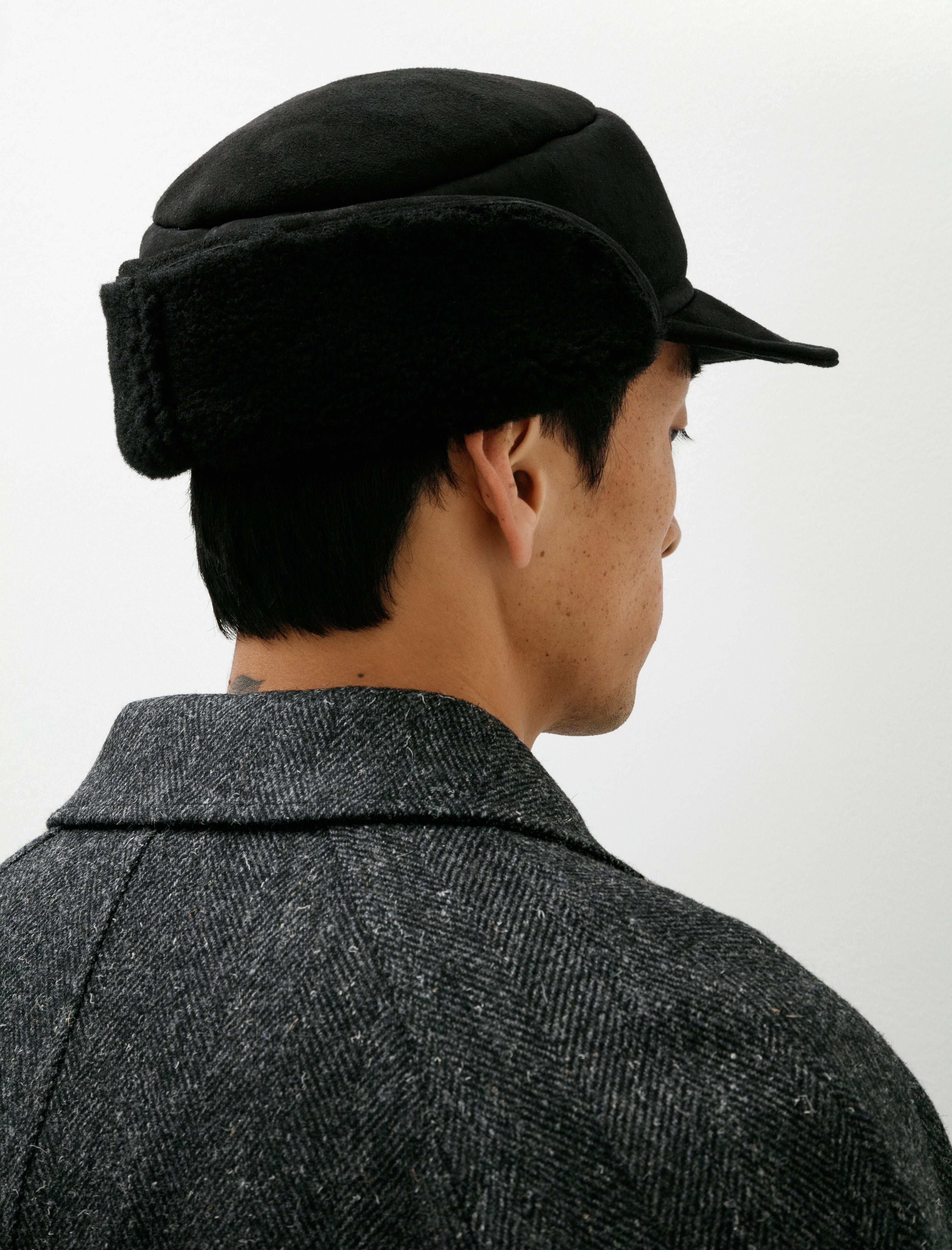 Margaret Howell Press Stud Shearling Cap Curly Merino Shearling Black