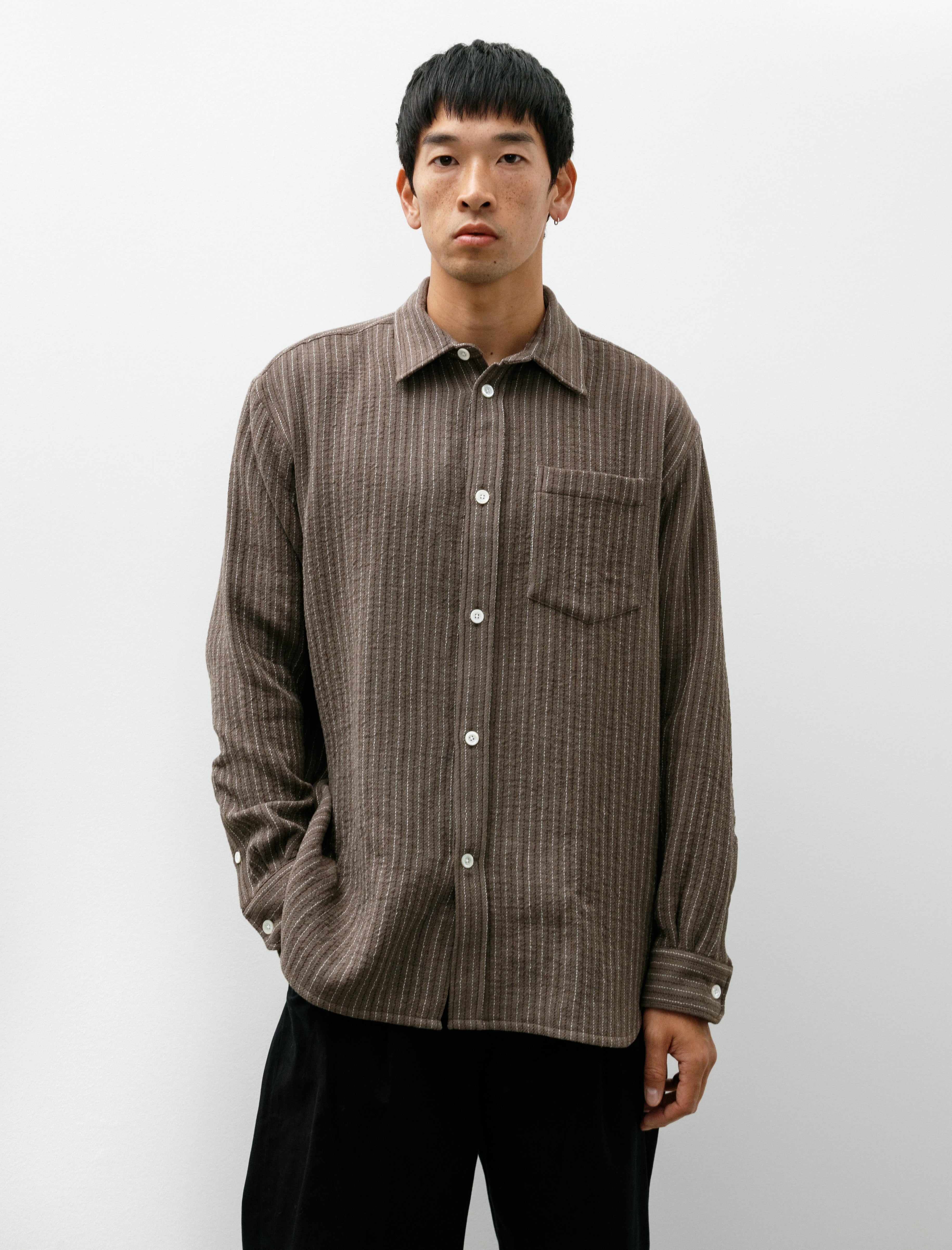 Norse Projects Ole Oversized Wool Stripe Shirt Seal Brown