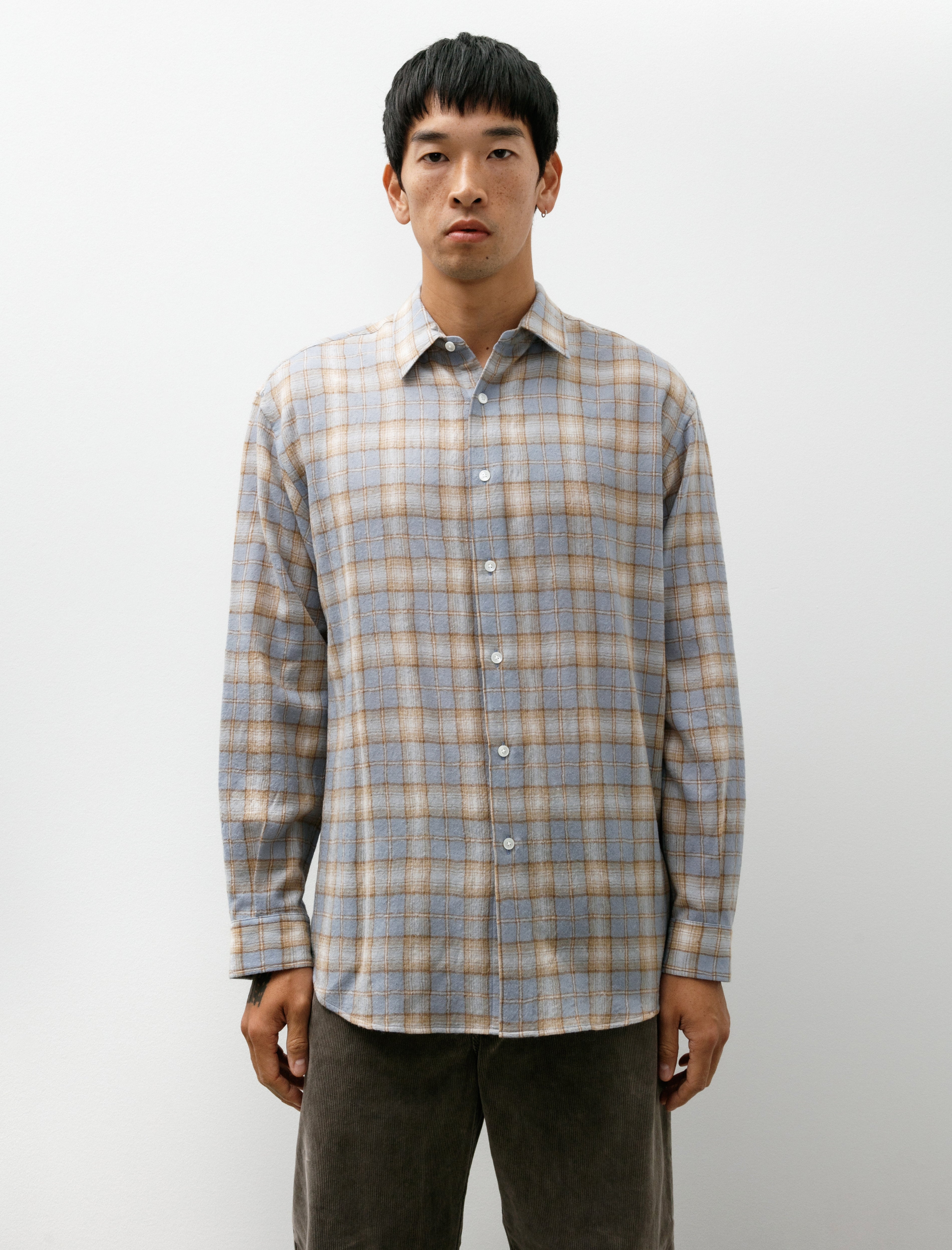 Auralee Airy Wool Check Shirt Light Blue Beige