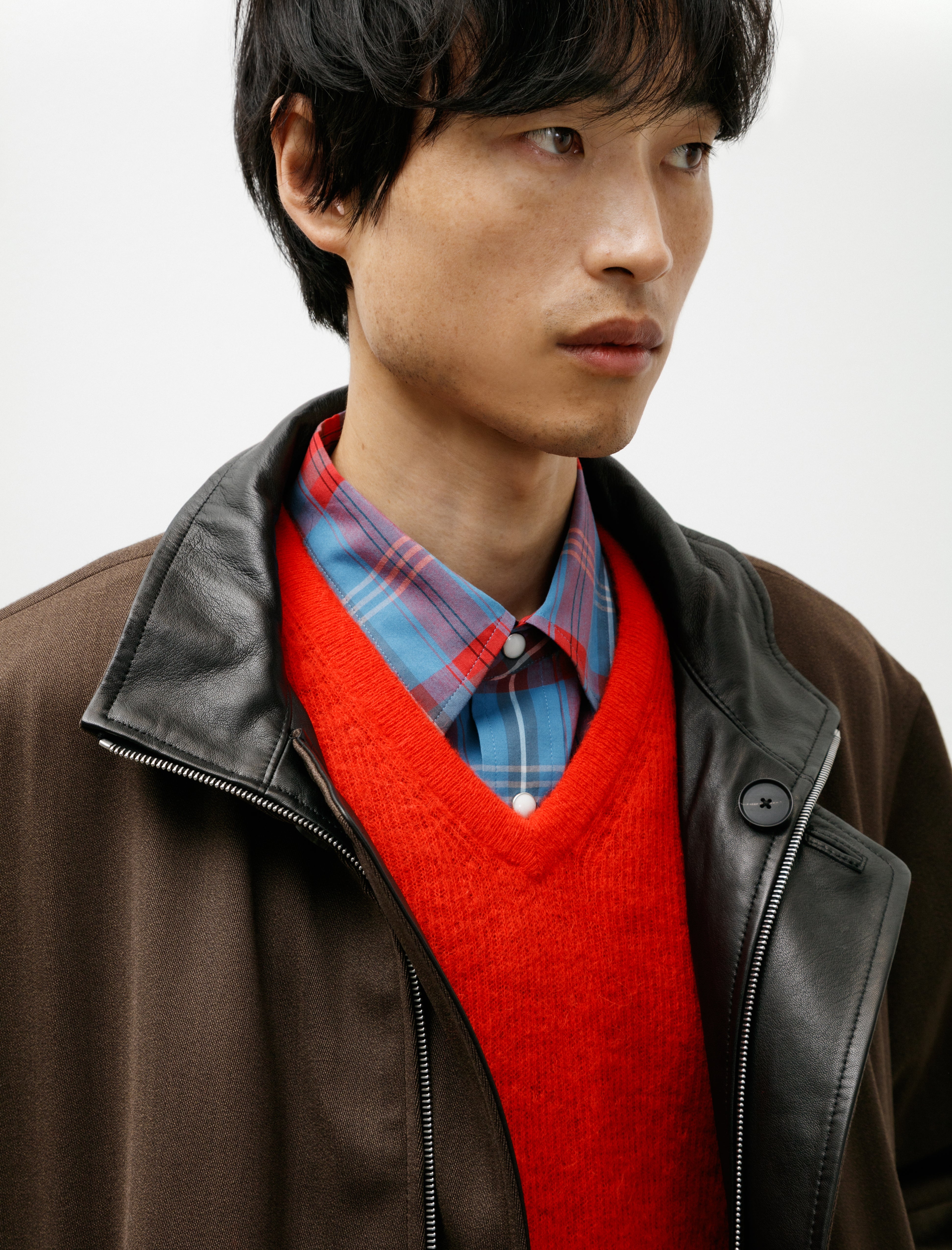 Auralee Reversible Wool Twisted Twill Sheep Leather Half Coat Brown Chambray x Black
