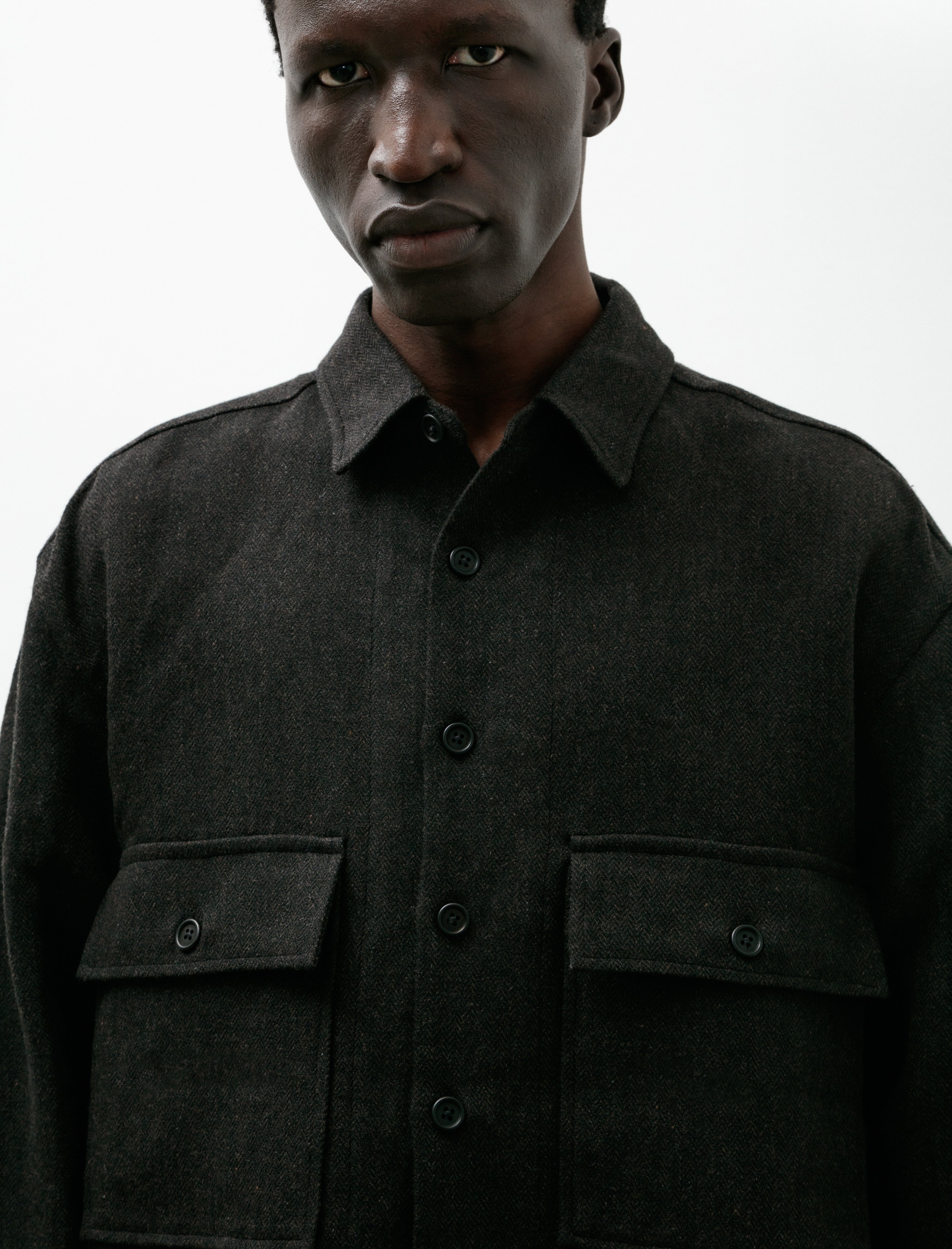 Evan Kinori Big Shirt Wool Linen Herringbone Black Brown