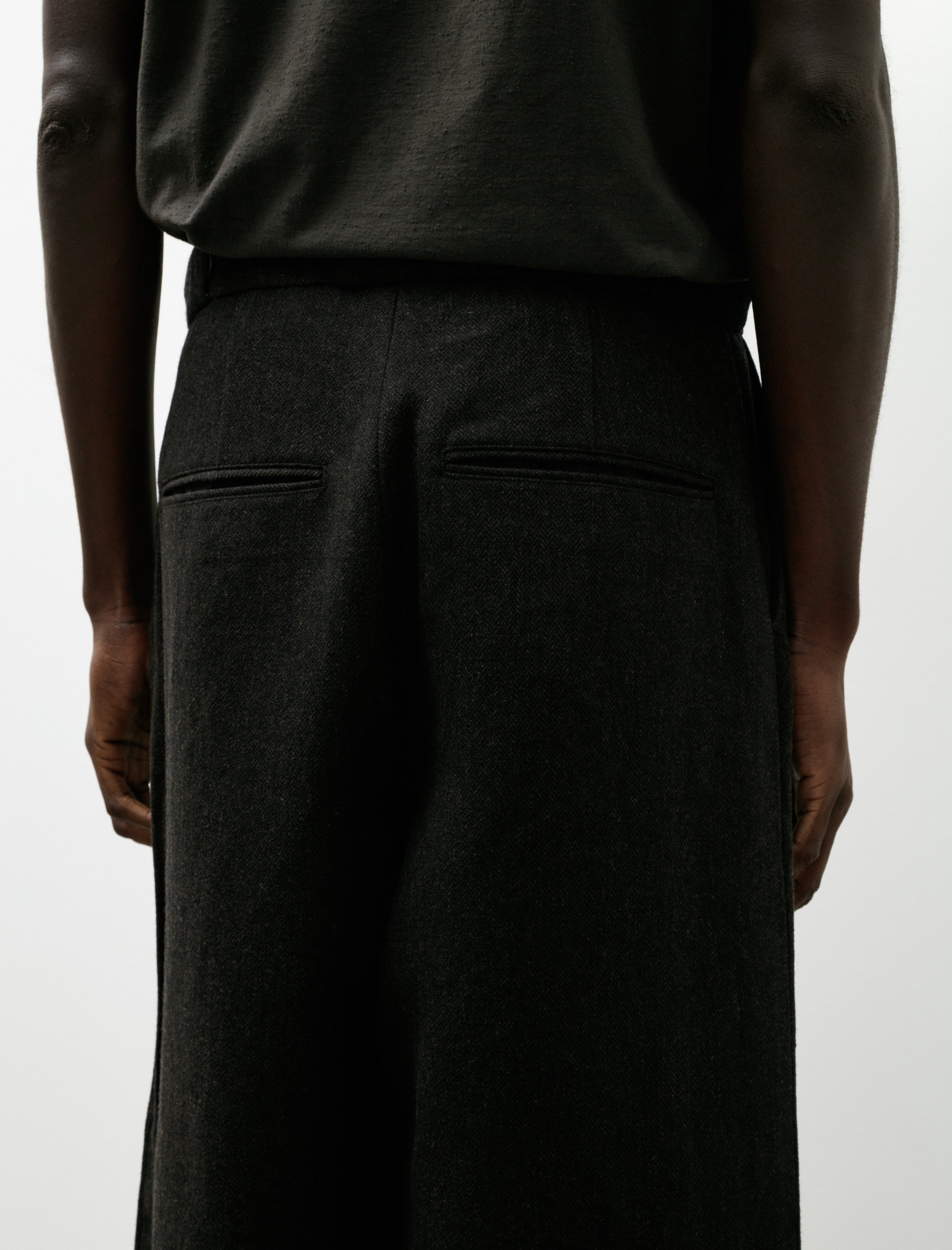 Evan Kinori Flat Front Pant Wool Linen Herringbone Black Brown
