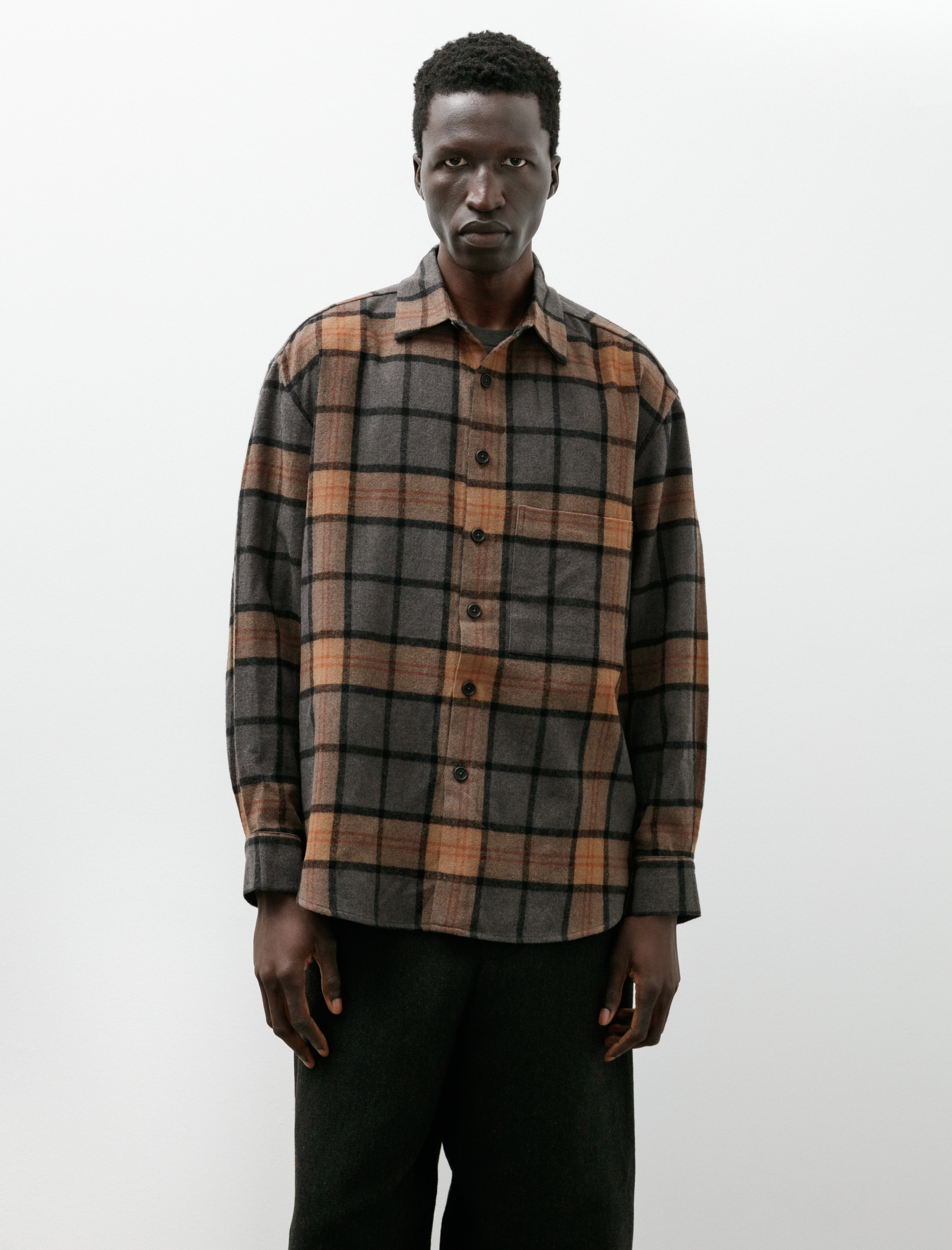 Evan Kinori Big Shirt Two Wool Cashmere Check Black Grey Beige