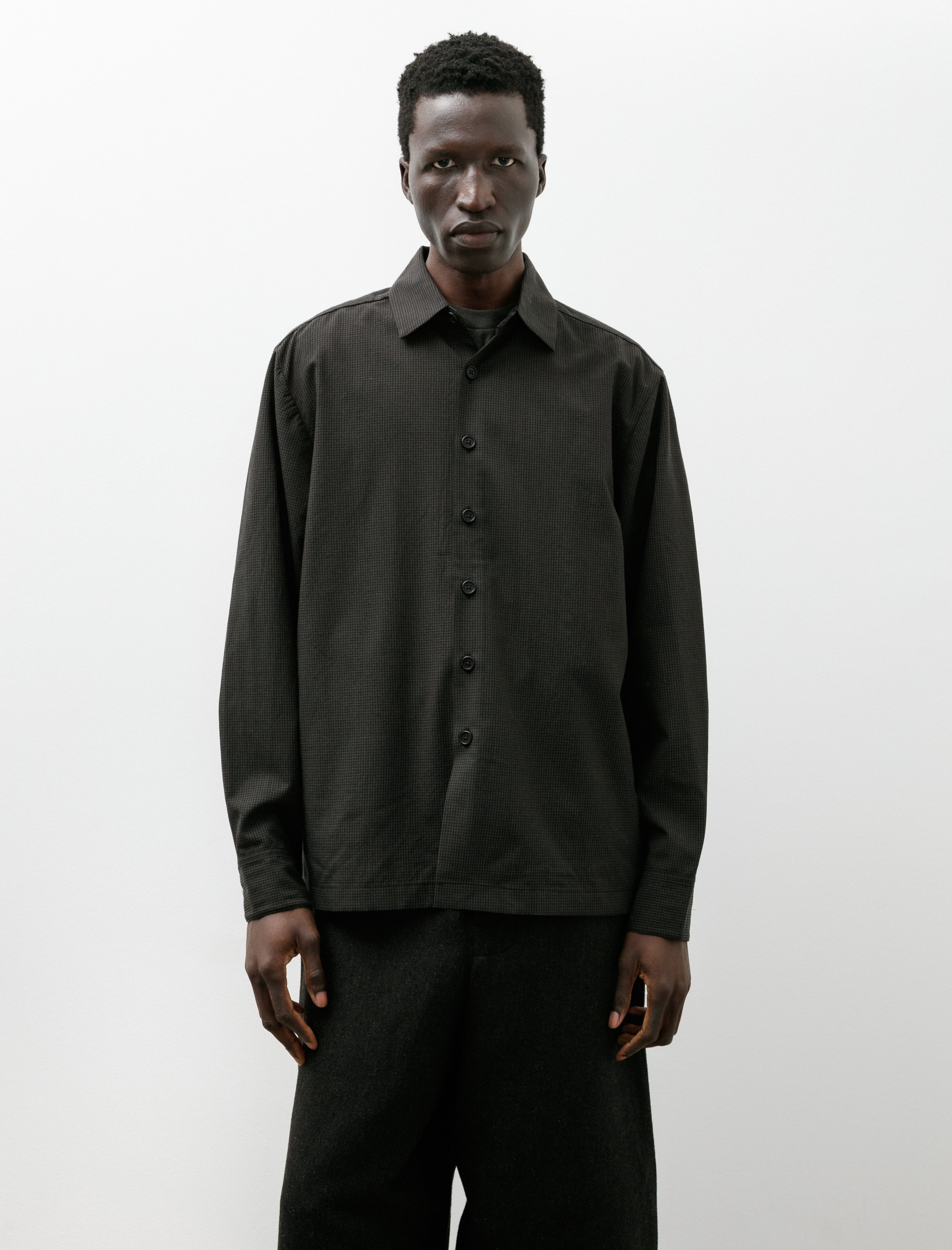 Evan Kinori Flat Hem Shirt Worsted Wool Check Olive Black