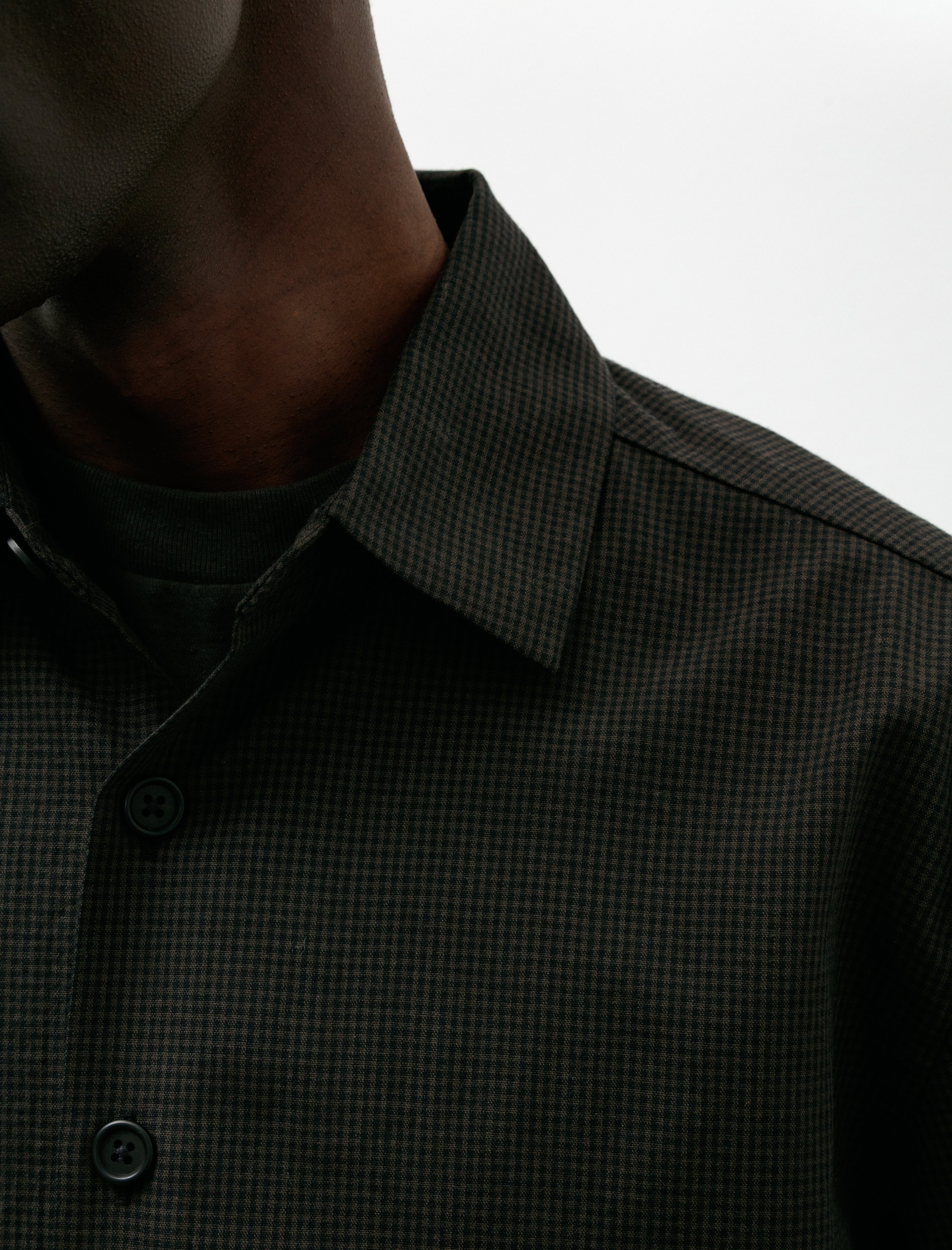 Evan Kinori Flat Hem Shirt Worsted Wool Check Olive Black