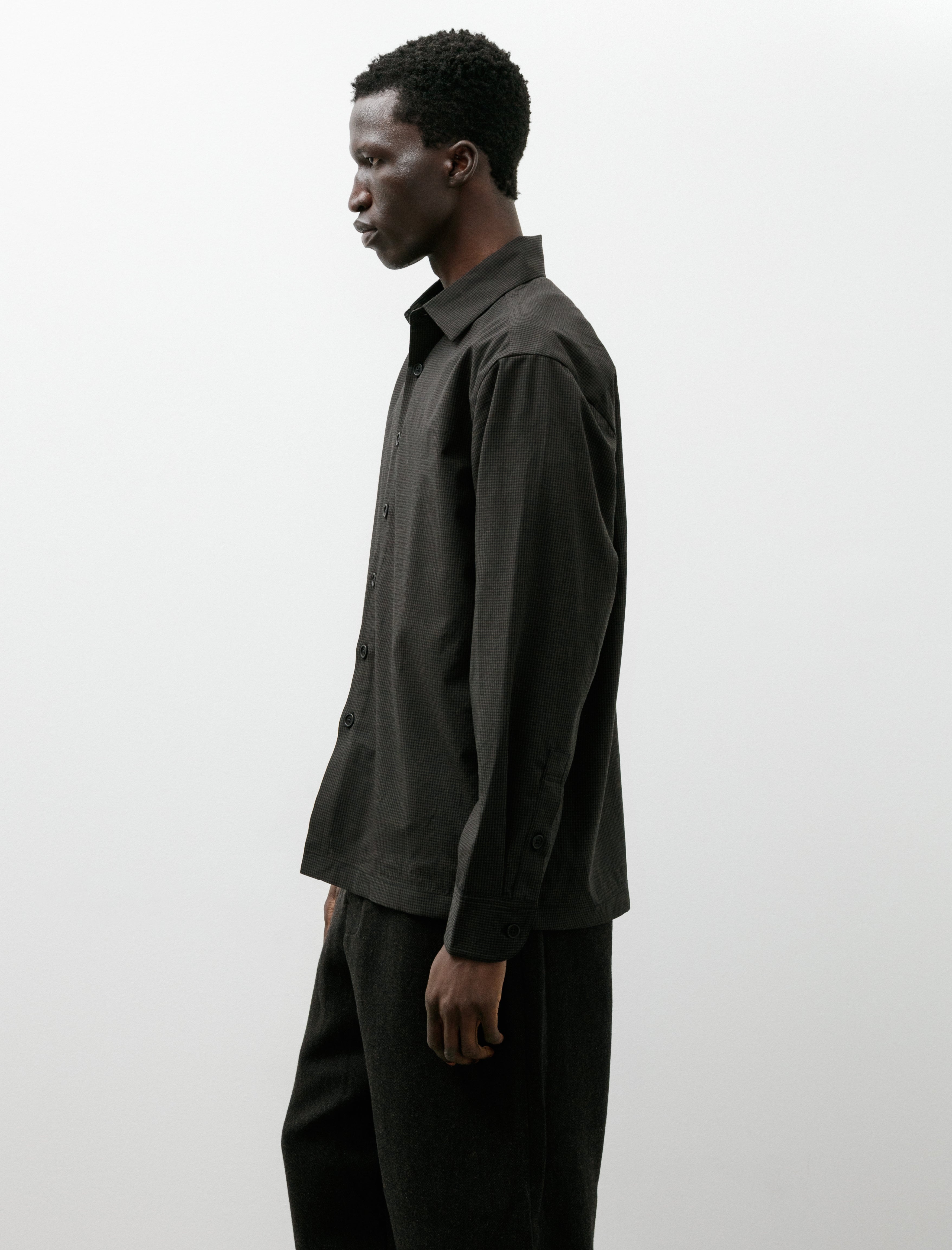 Evan Kinori Flat Hem Shirt Worsted Wool Check Olive Black