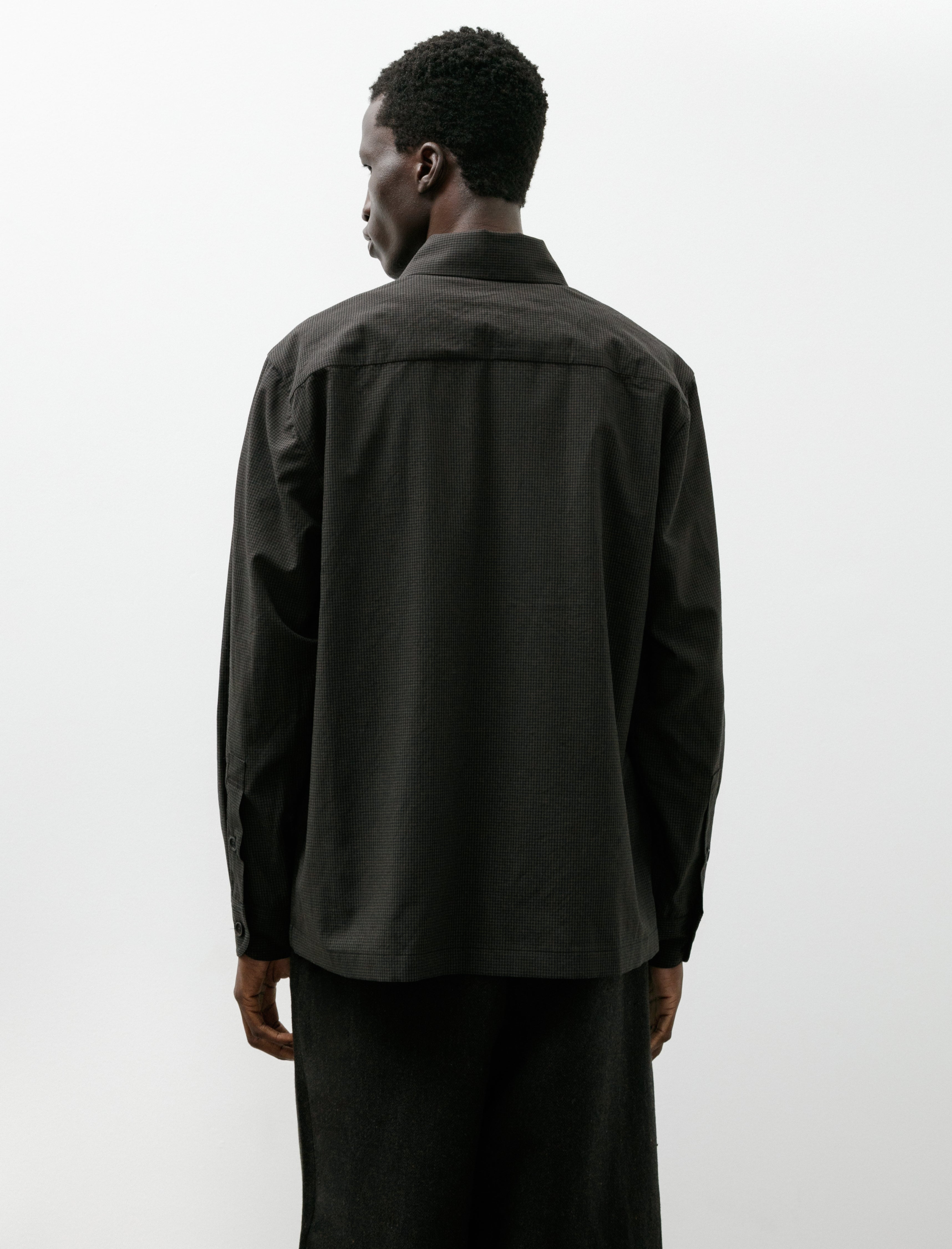 Evan Kinori Flat Hem Shirt Worsted Wool Check Olive Black
