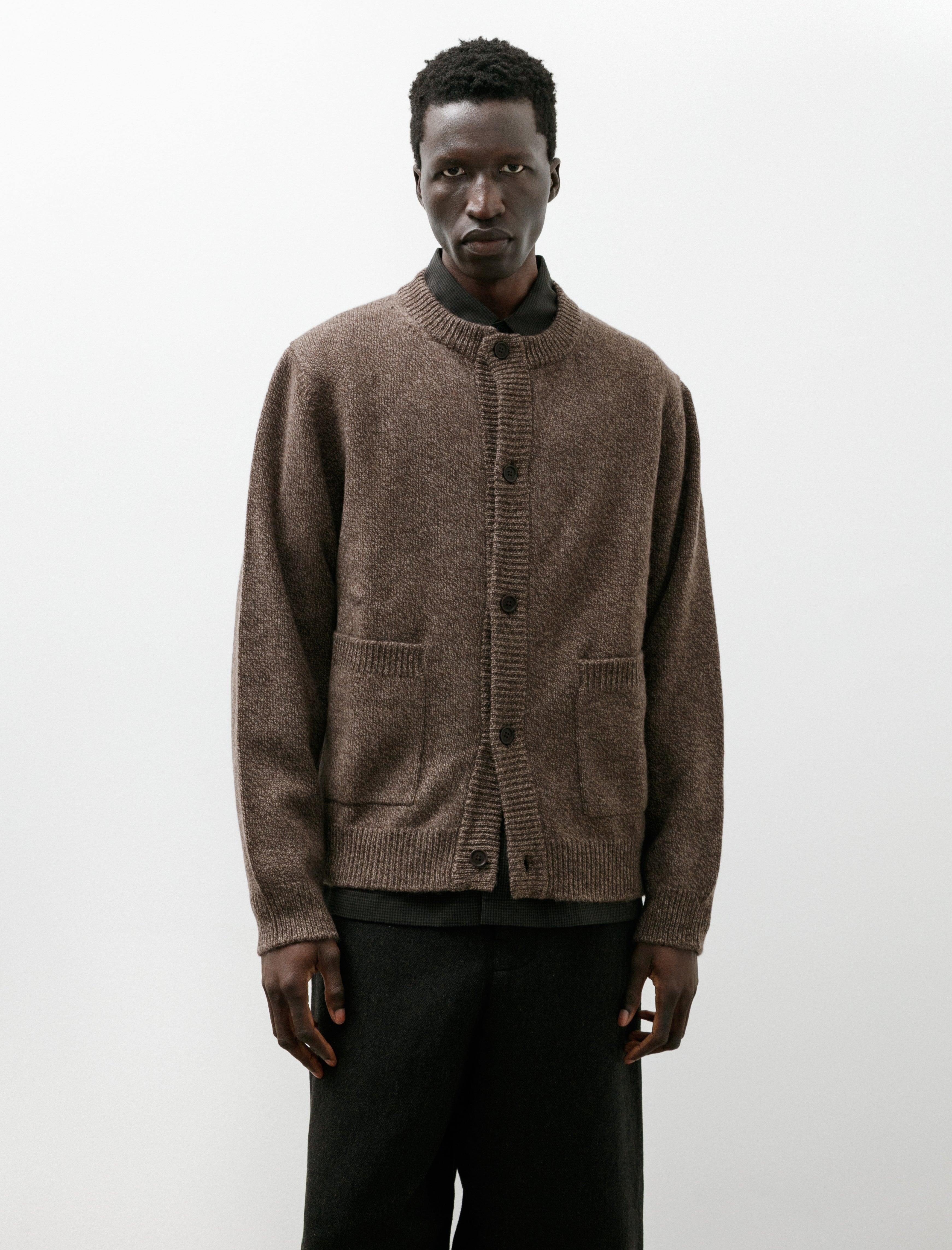 Evan Kinori Crewneck Cardigan Wool Melange Brown Beige