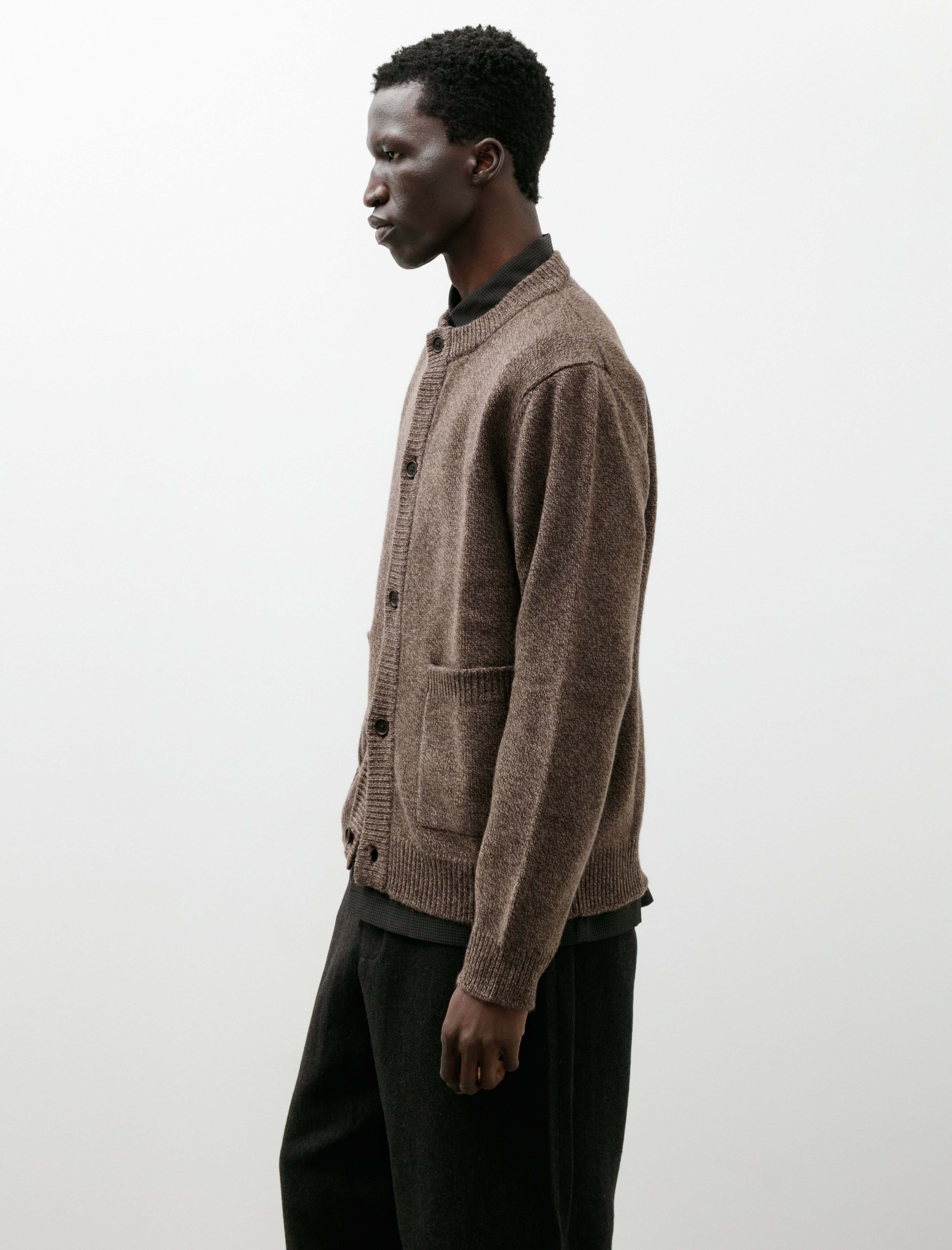Evan Kinori Crewneck Cardigan Wool Melange Brown Beige