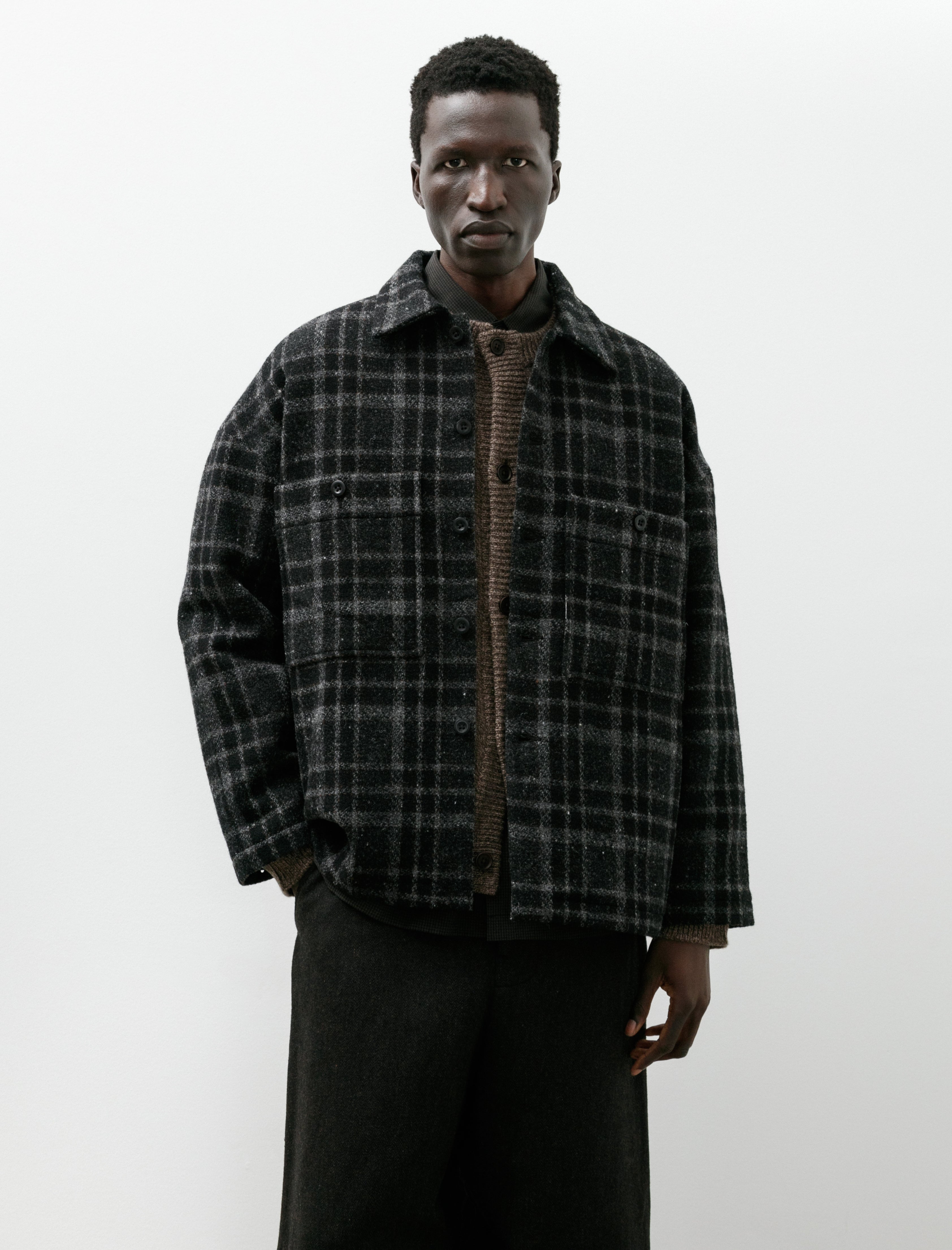 Evan Kinori Field Shirt Two Wool Tweed Check Black Grey