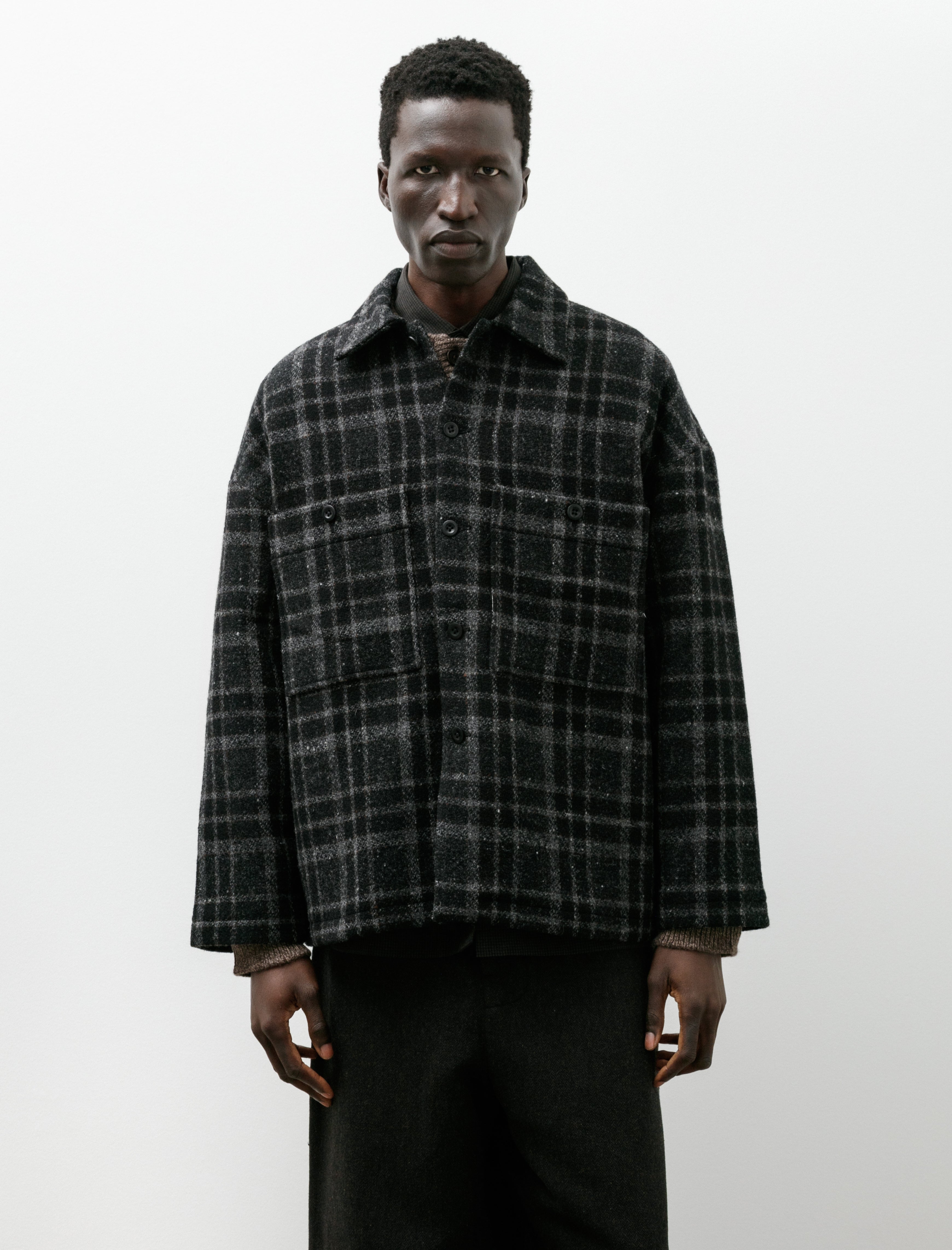 Evan Kinori Field Shirt Two Wool Tweed Check Black Grey