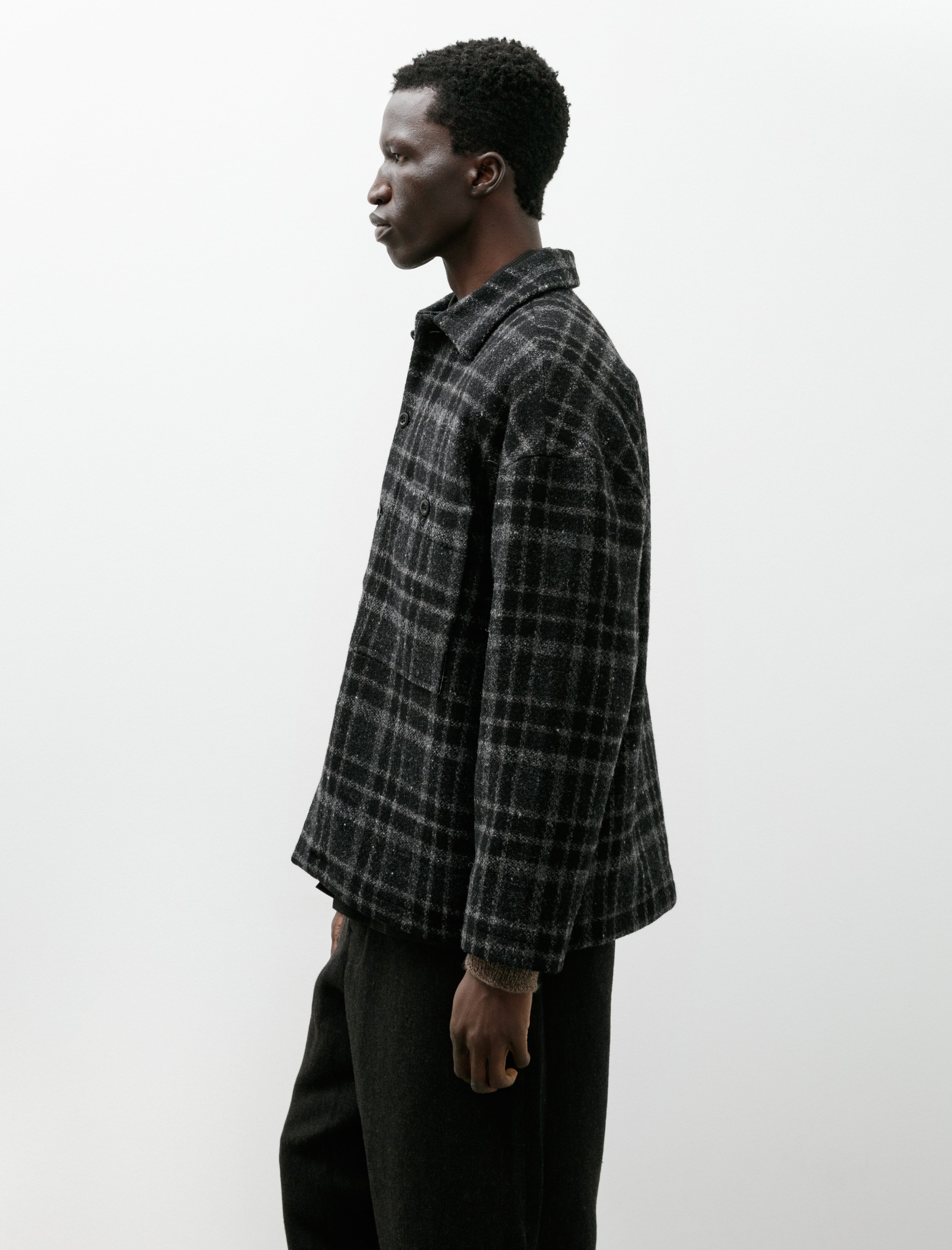 Evan Kinori Field Shirt Two Wool Tweed Check Black Grey