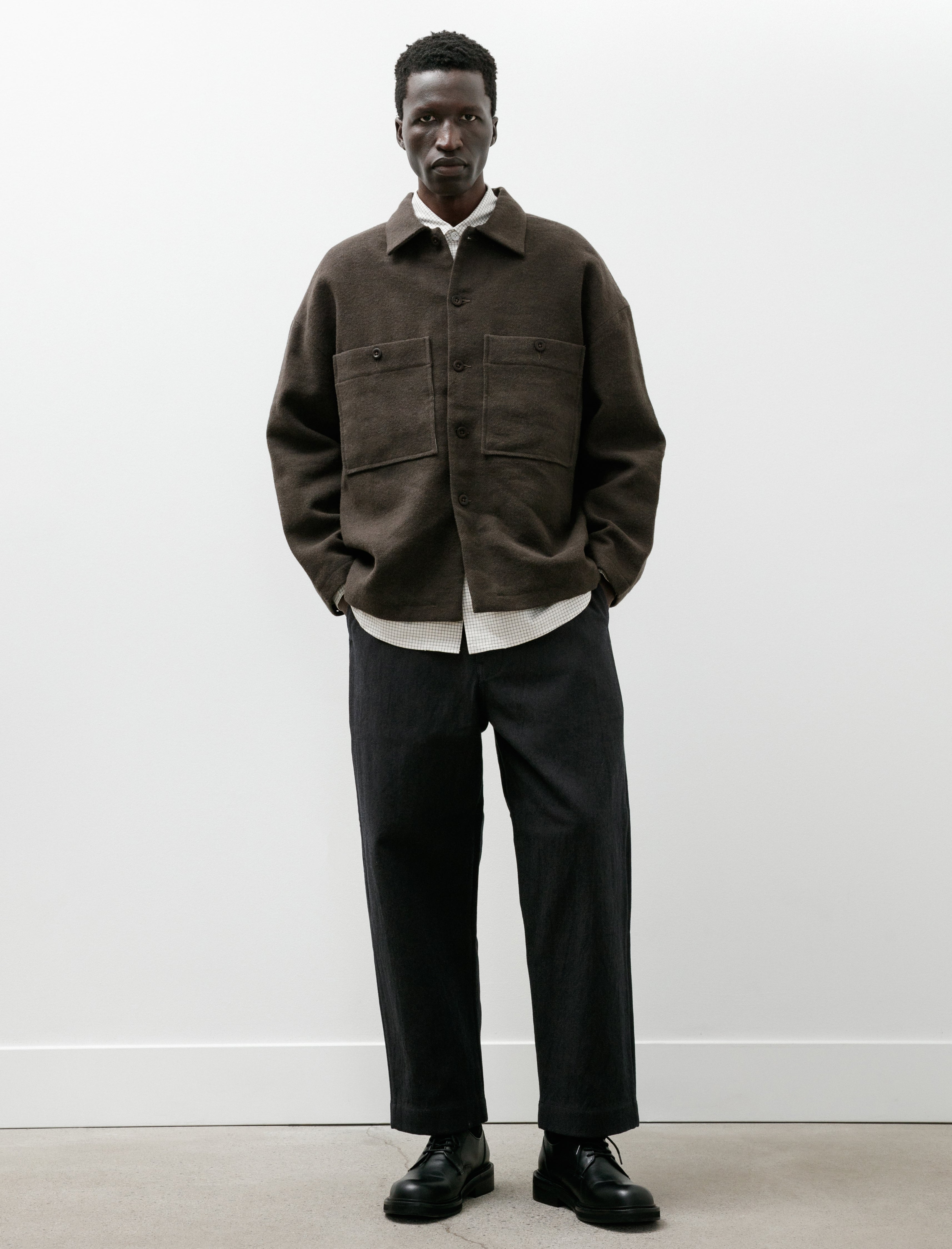 Evan Kinori Field Shirt Two Heavy Wool Linen Herringbone Dark Olive