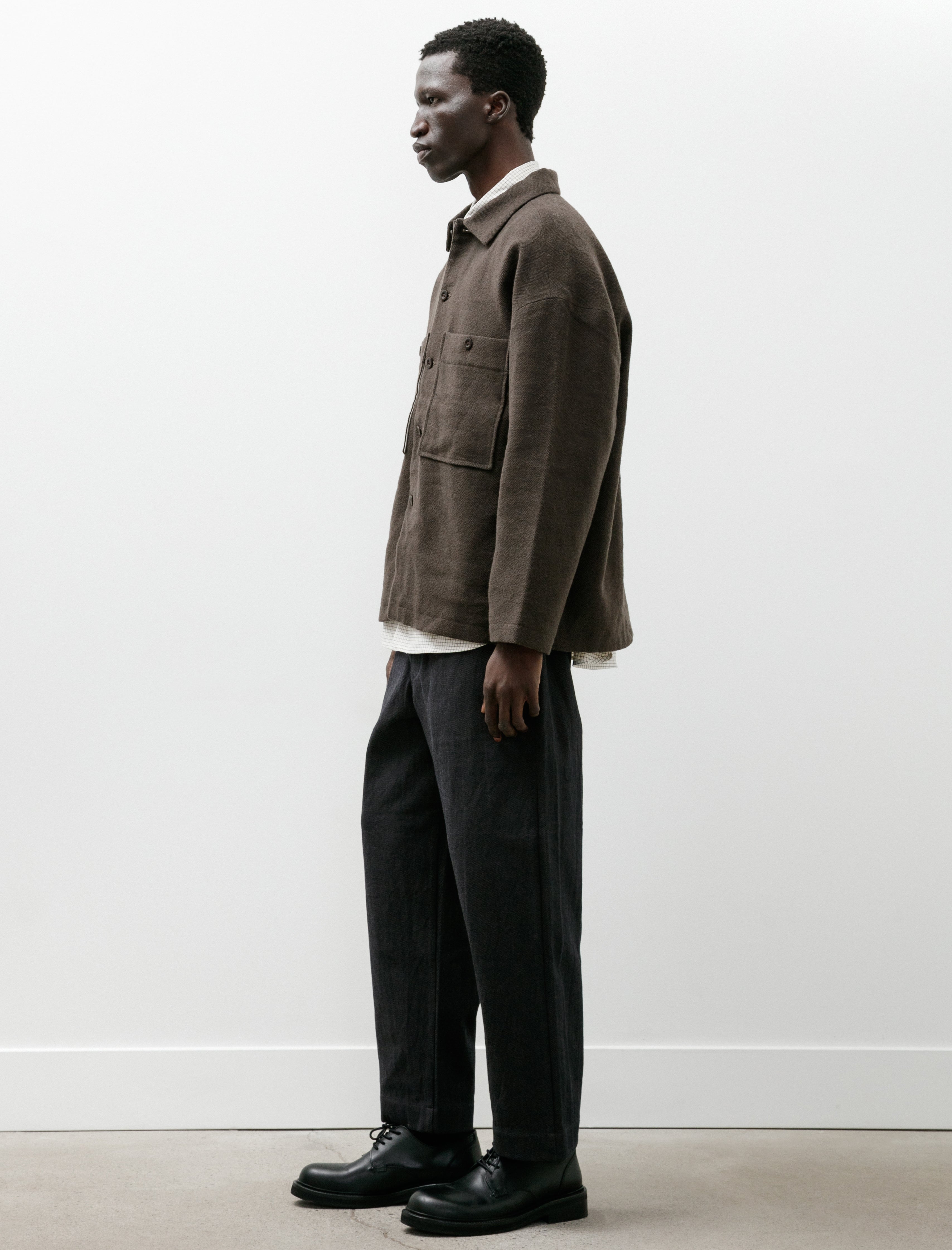 Evan Kinori Single Pleat Pant Yarn Dyed Cotton Twill Navy Grey