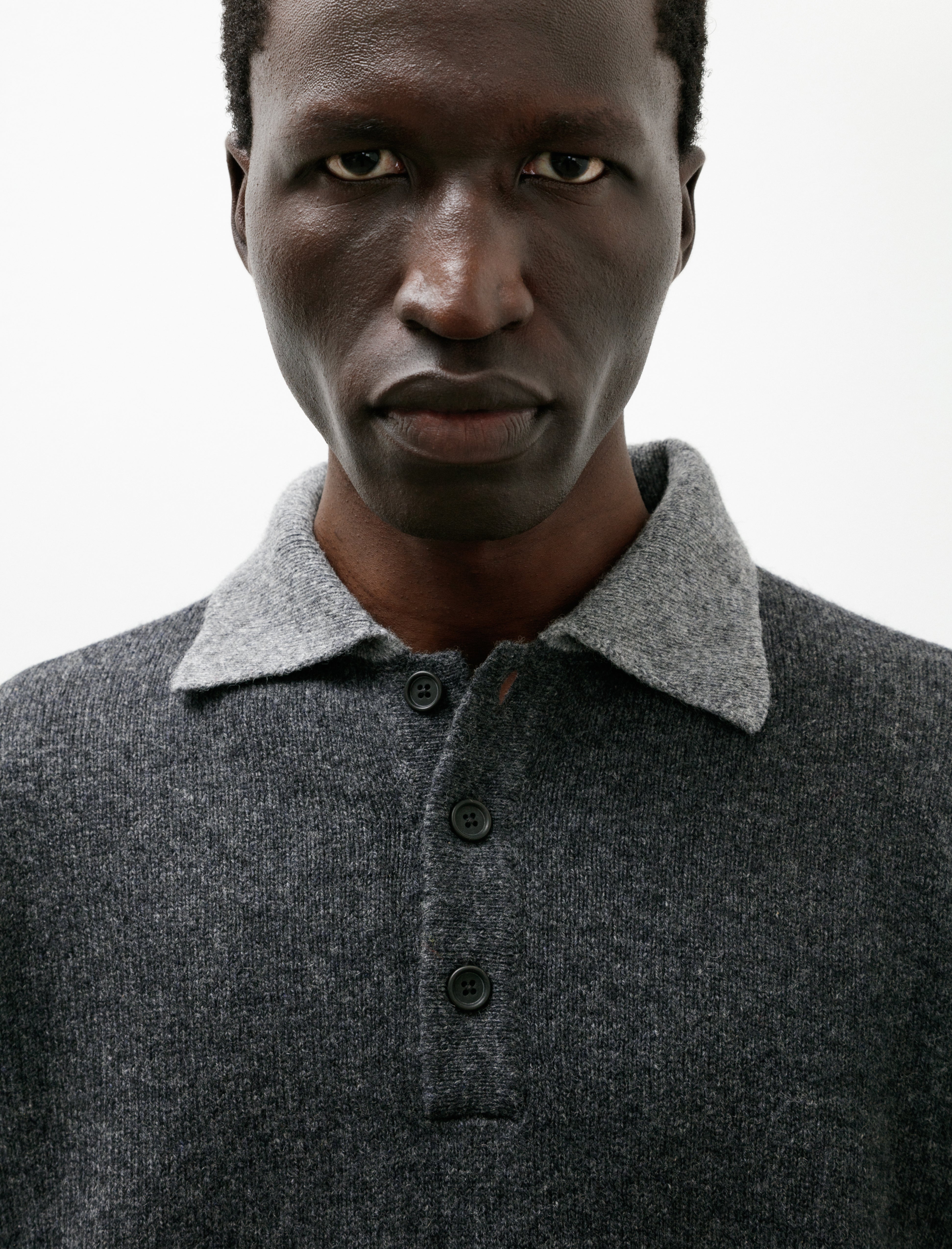 Evan Kinori Knit Polo Yak Wool Charcoal Light Grey