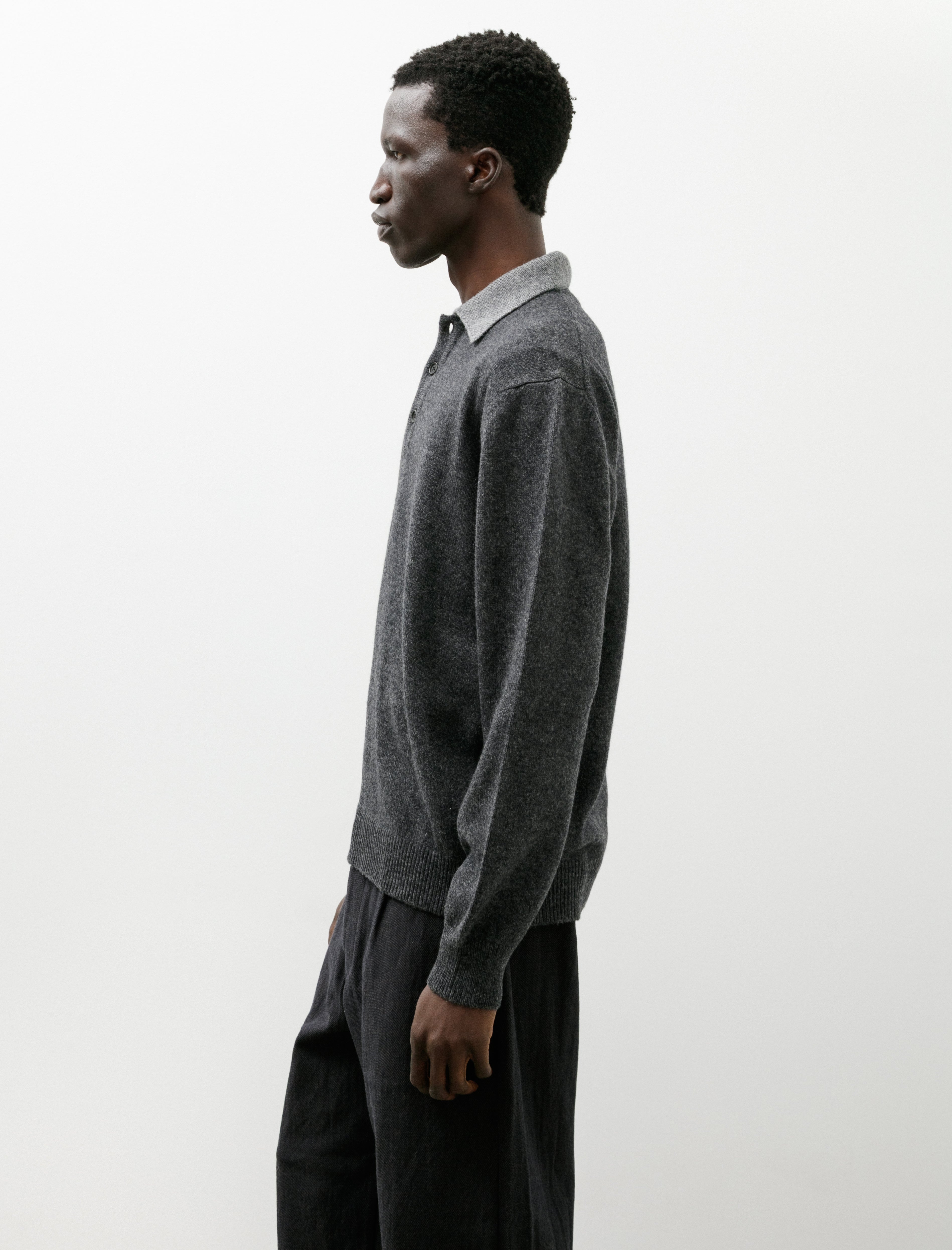 Evan Kinori Knit Polo Yak Wool Charcoal Light Grey